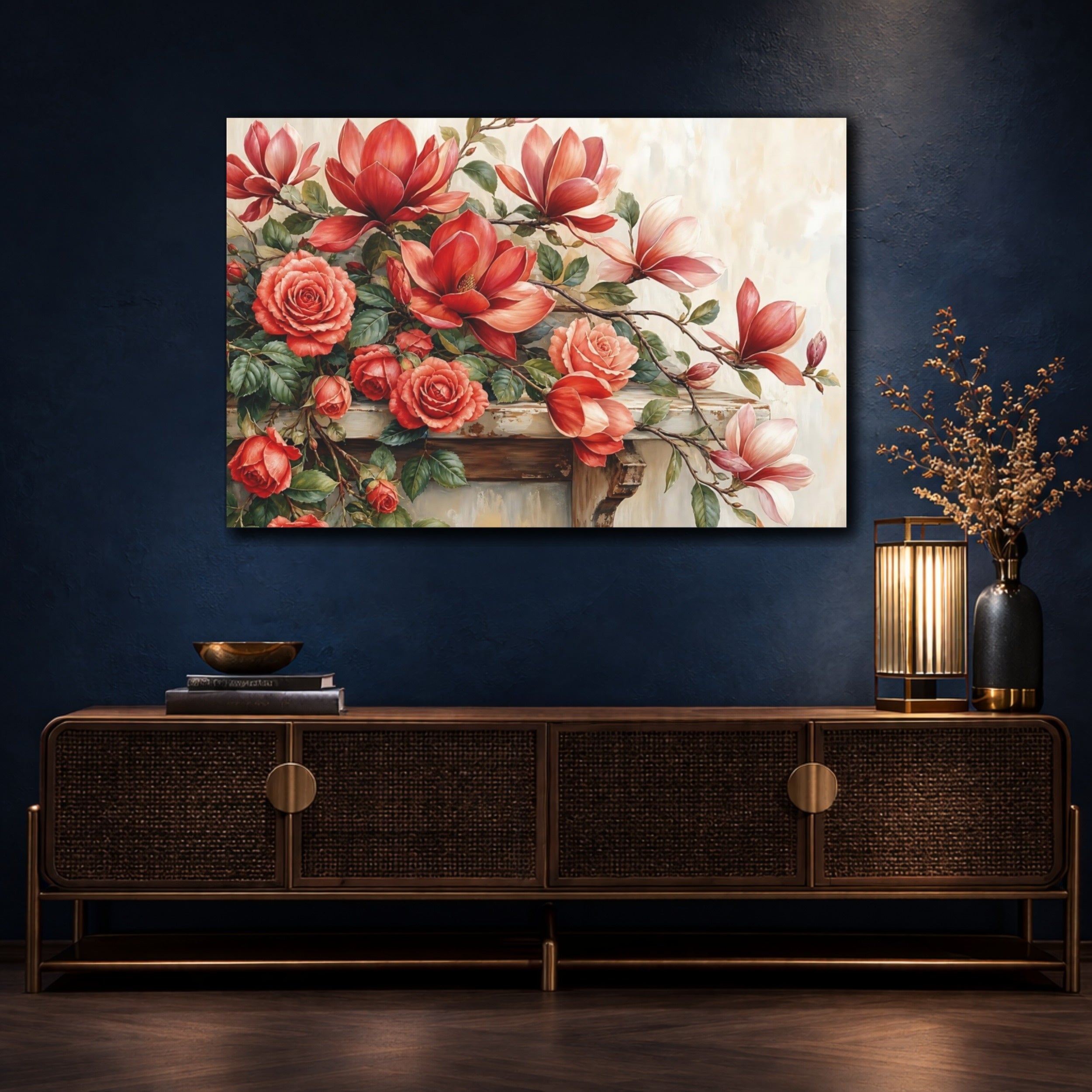 Mockup 4. Floral Roses Magnolias Red Floral shown as stretched canvas wall art