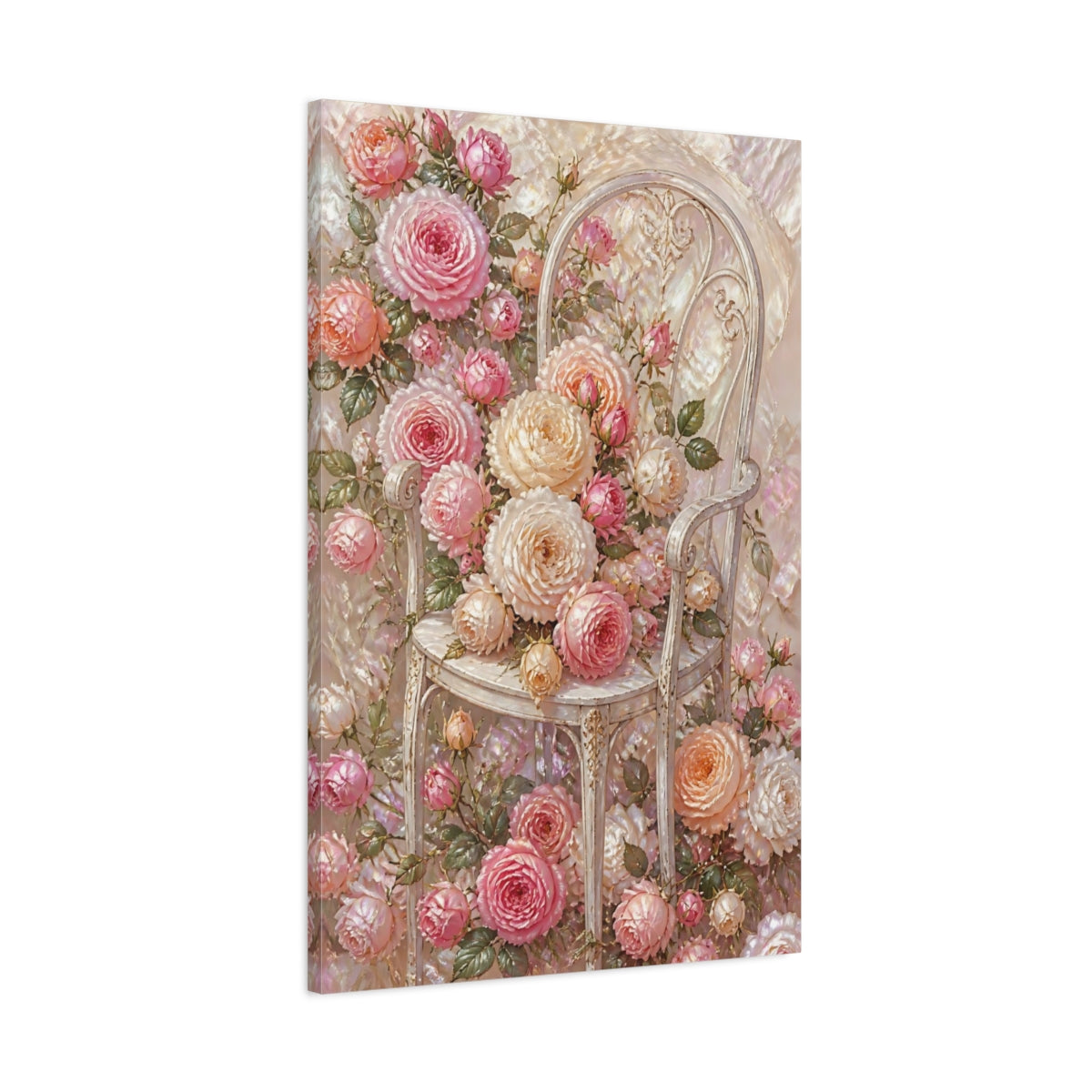 Main Mockup. Floral Roses On Chair shown as canvas print