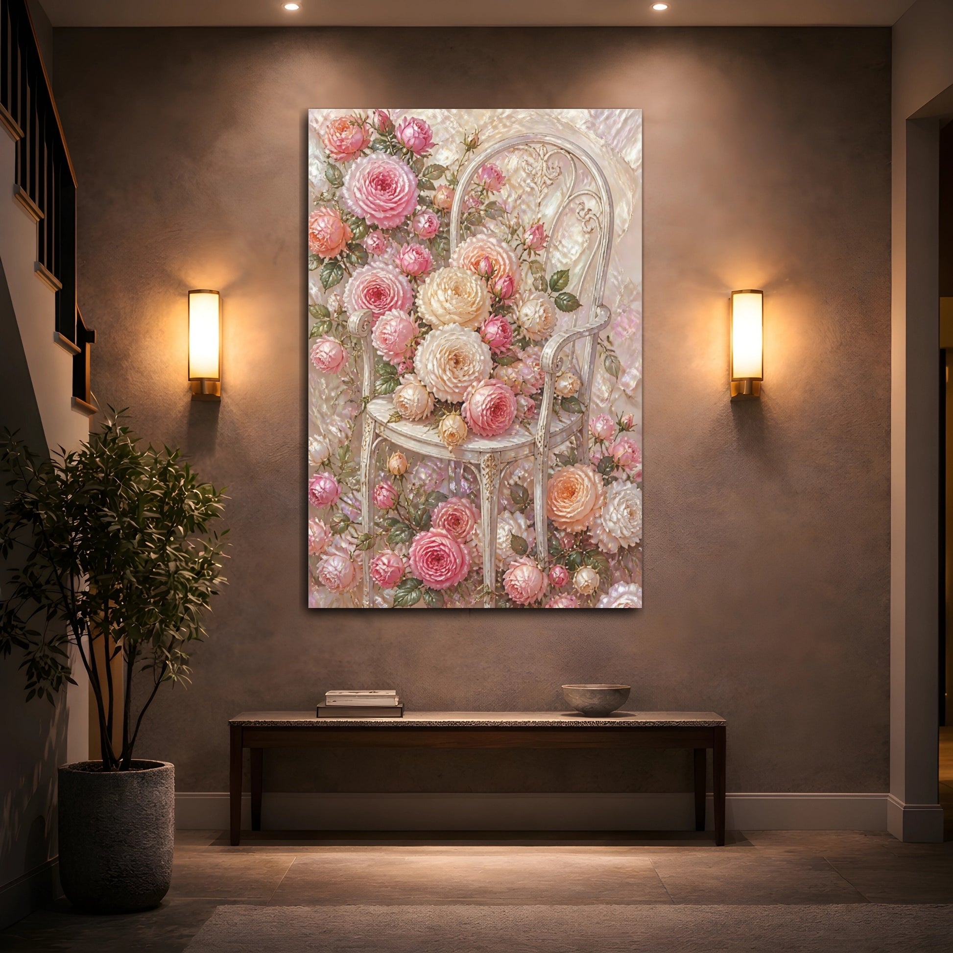Mockup 2. Floral Roses On Chair shown as canvas print