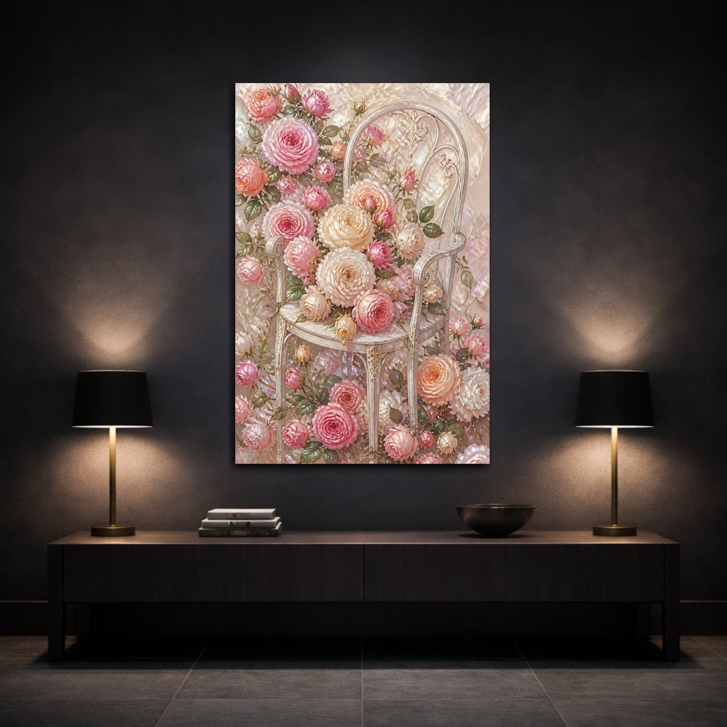 Mockup 3. Floral Roses On Chair shown as canvas print