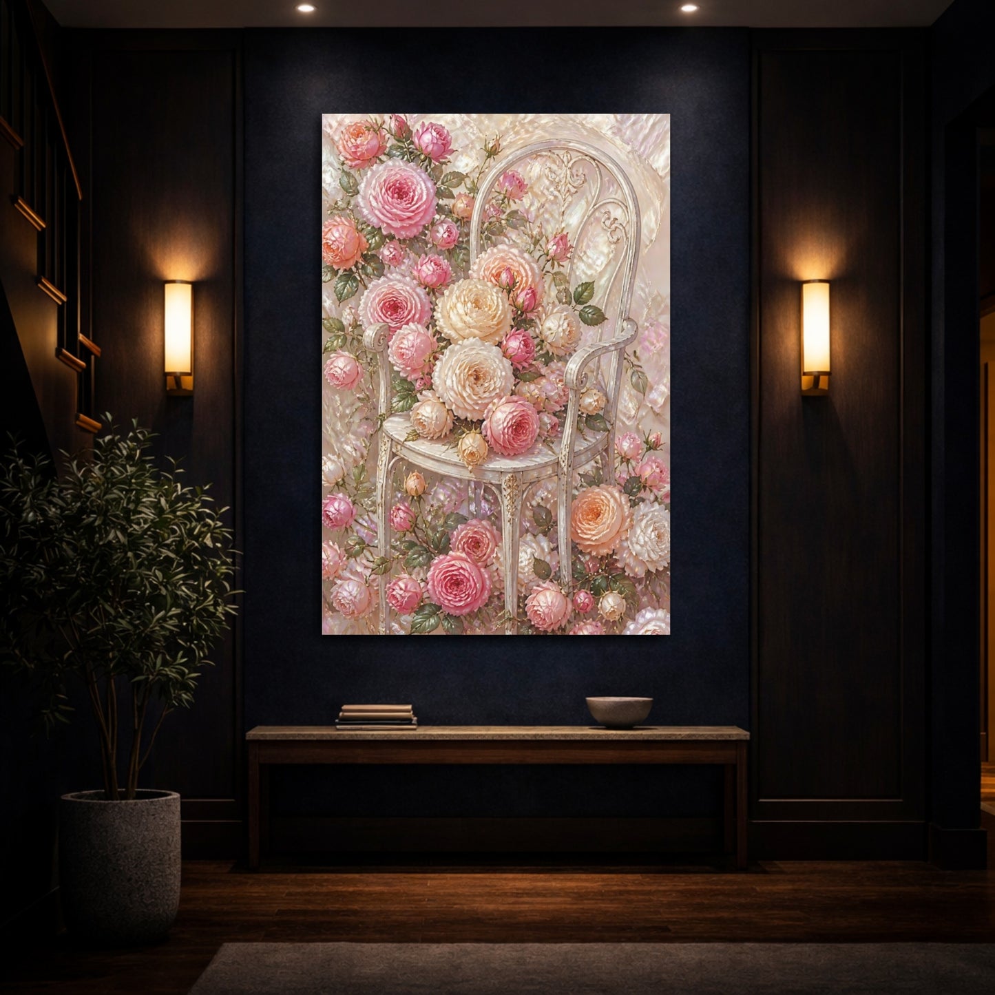 Mockup 4. Floral Roses On Chair shown as canvas print