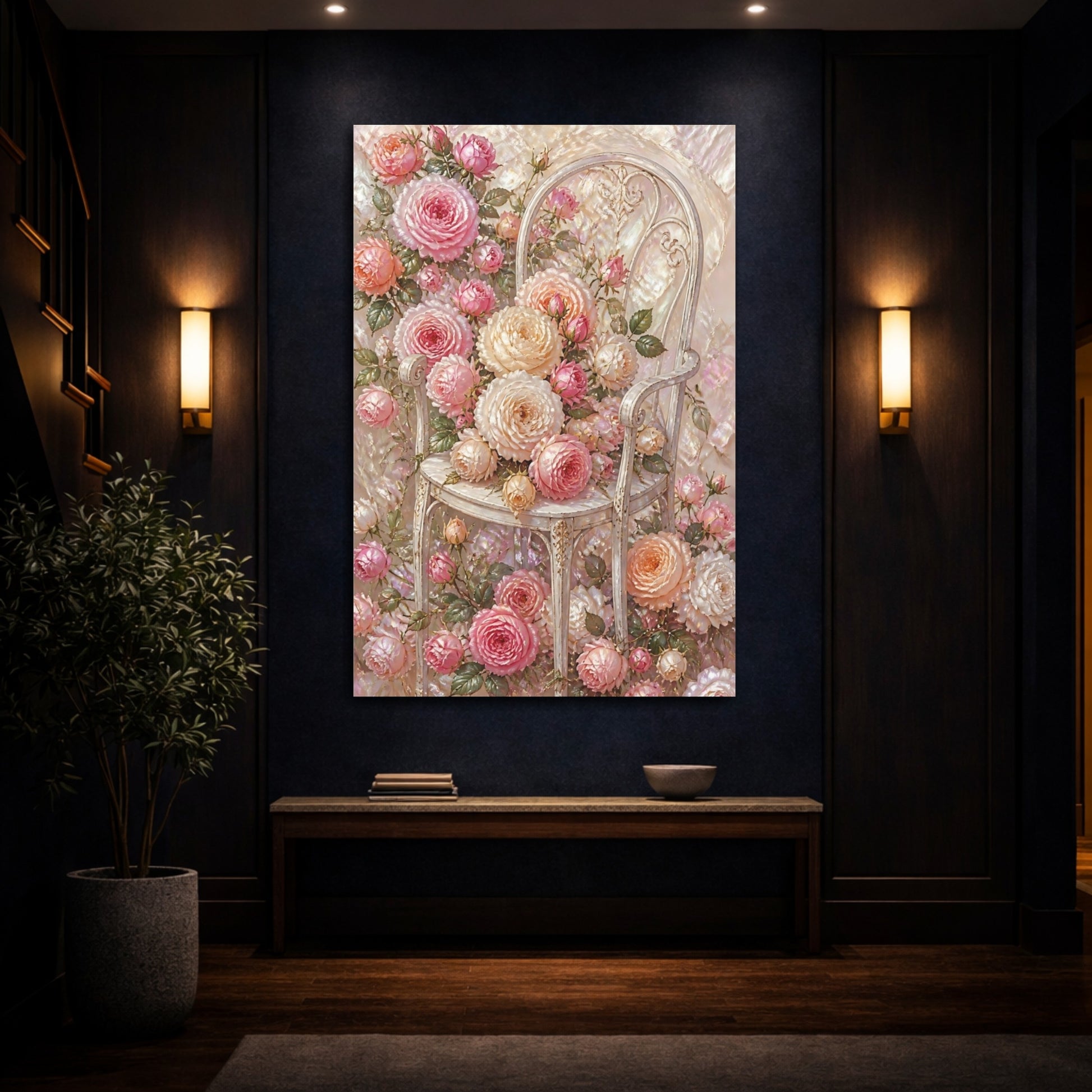 Mockup 4. Floral Roses On Chair shown as canvas print