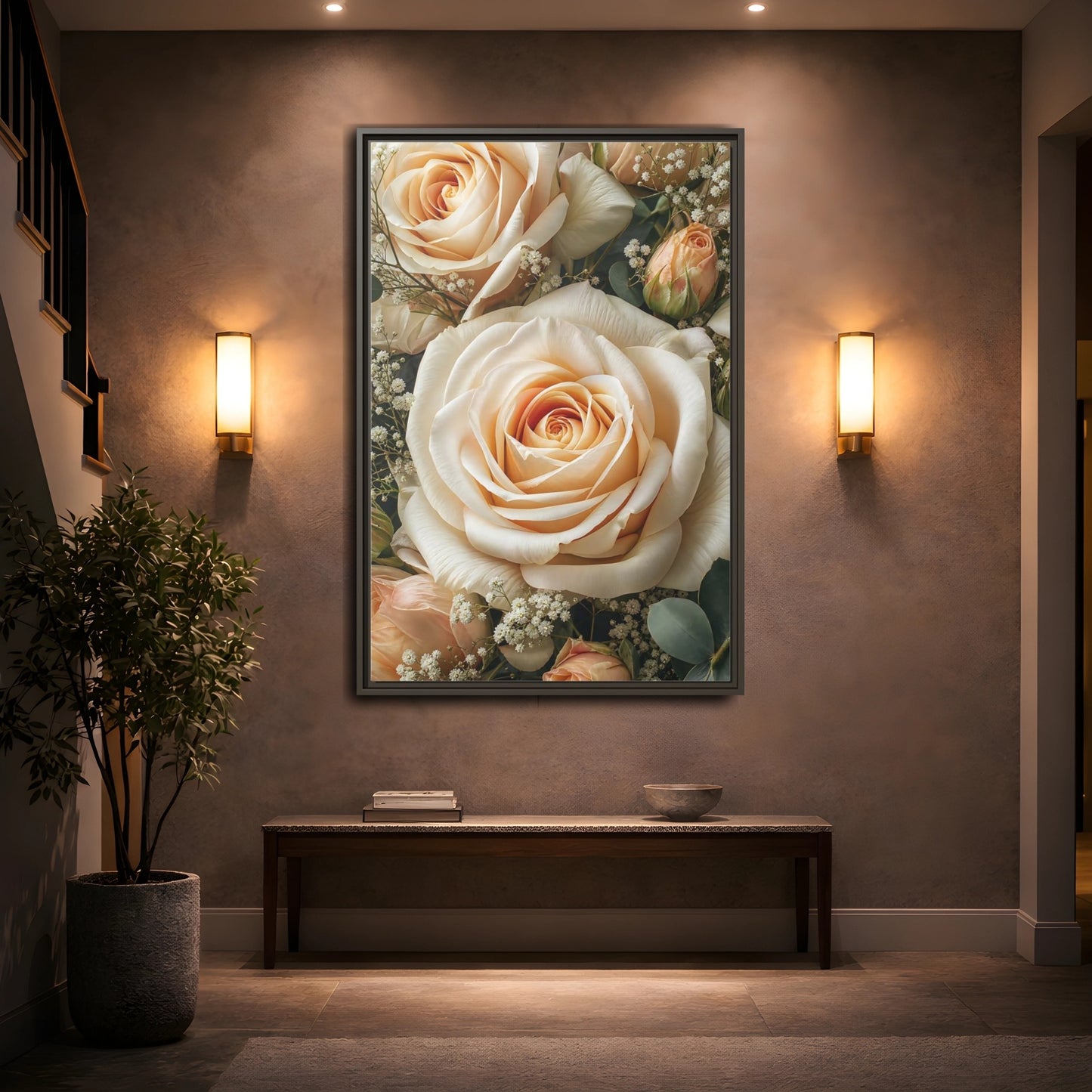 Mockup 2. Floral Roses Pale Floral shown as stretched canvas wall art