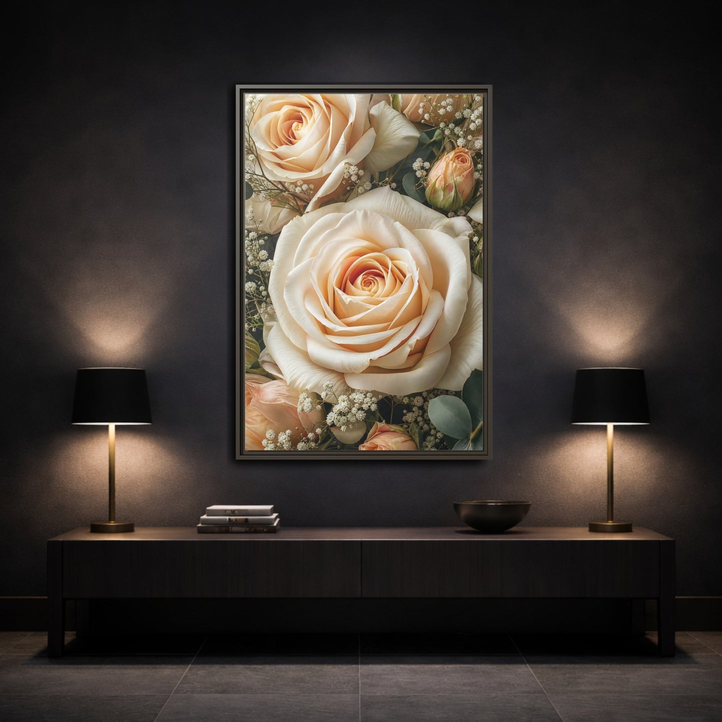 Mockup 3. Floral Roses Pale Floral shown as stretched canvas wall art
