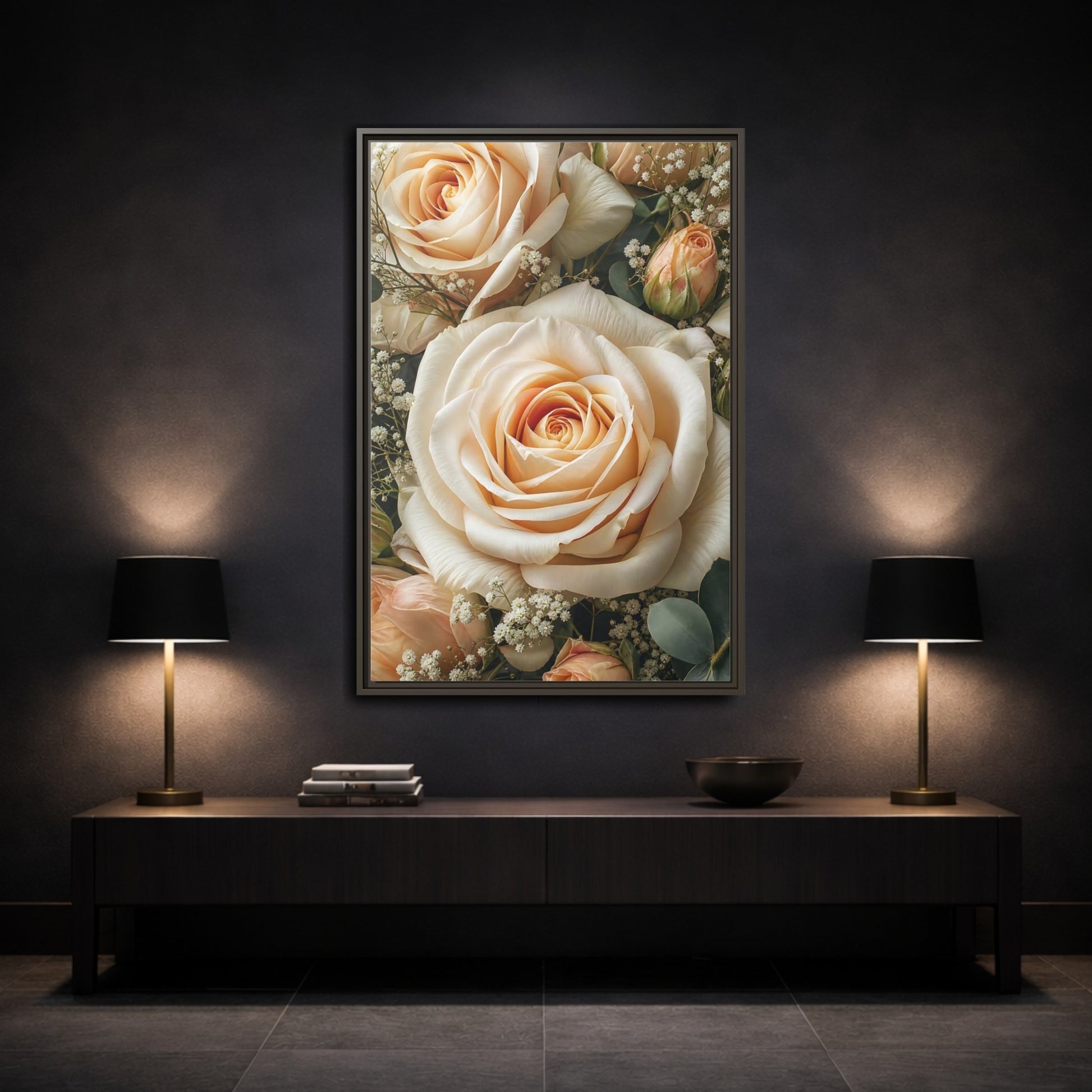 Mockup 3. Floral Roses Pale Floral shown as stretched canvas wall art