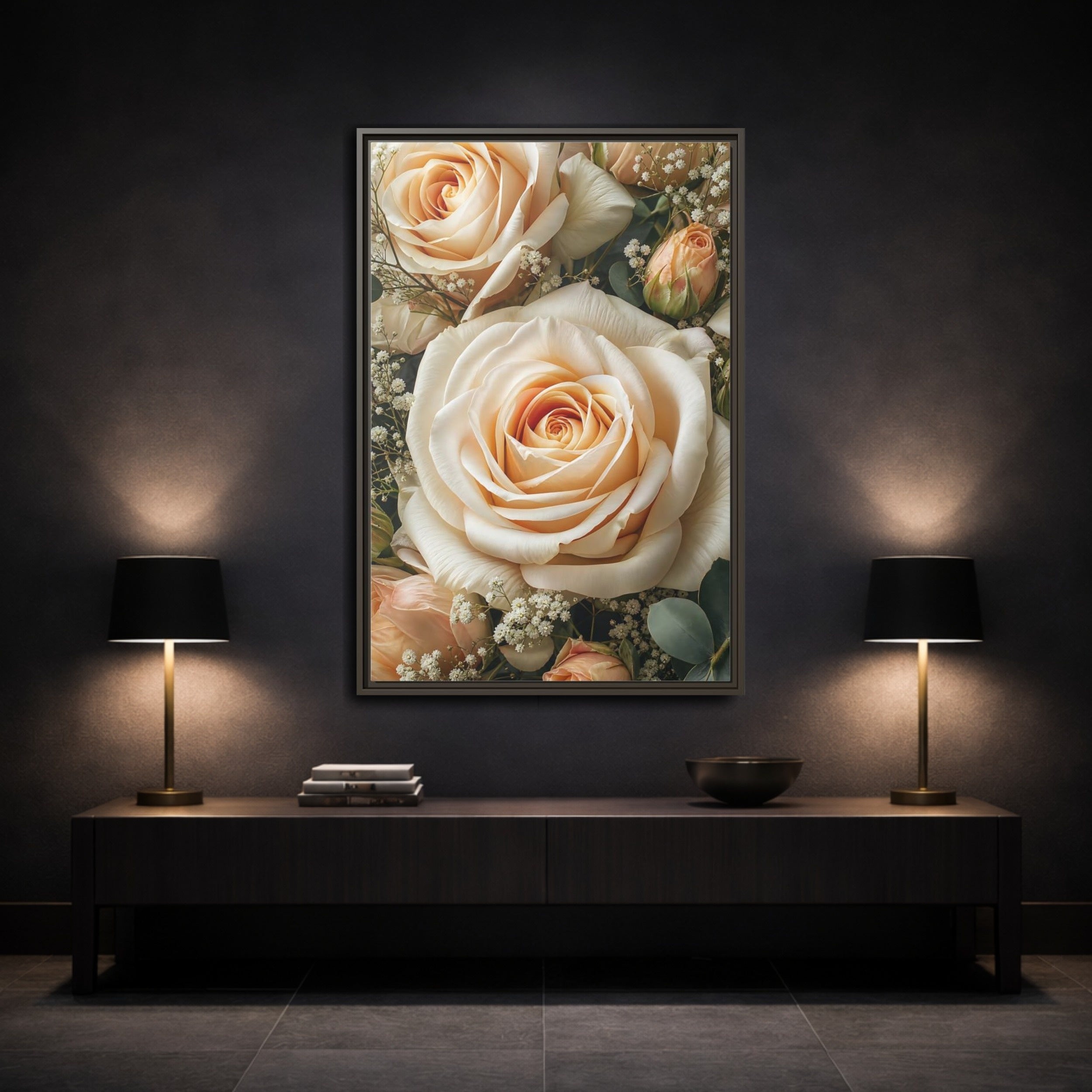 Mockup 3. Floral Roses Pale Floral shown as stretched canvas wall art