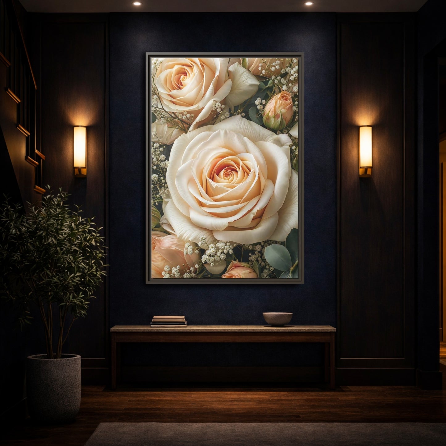 Mockup 4. Floral Roses Pale Floral shown as stretched canvas wall art