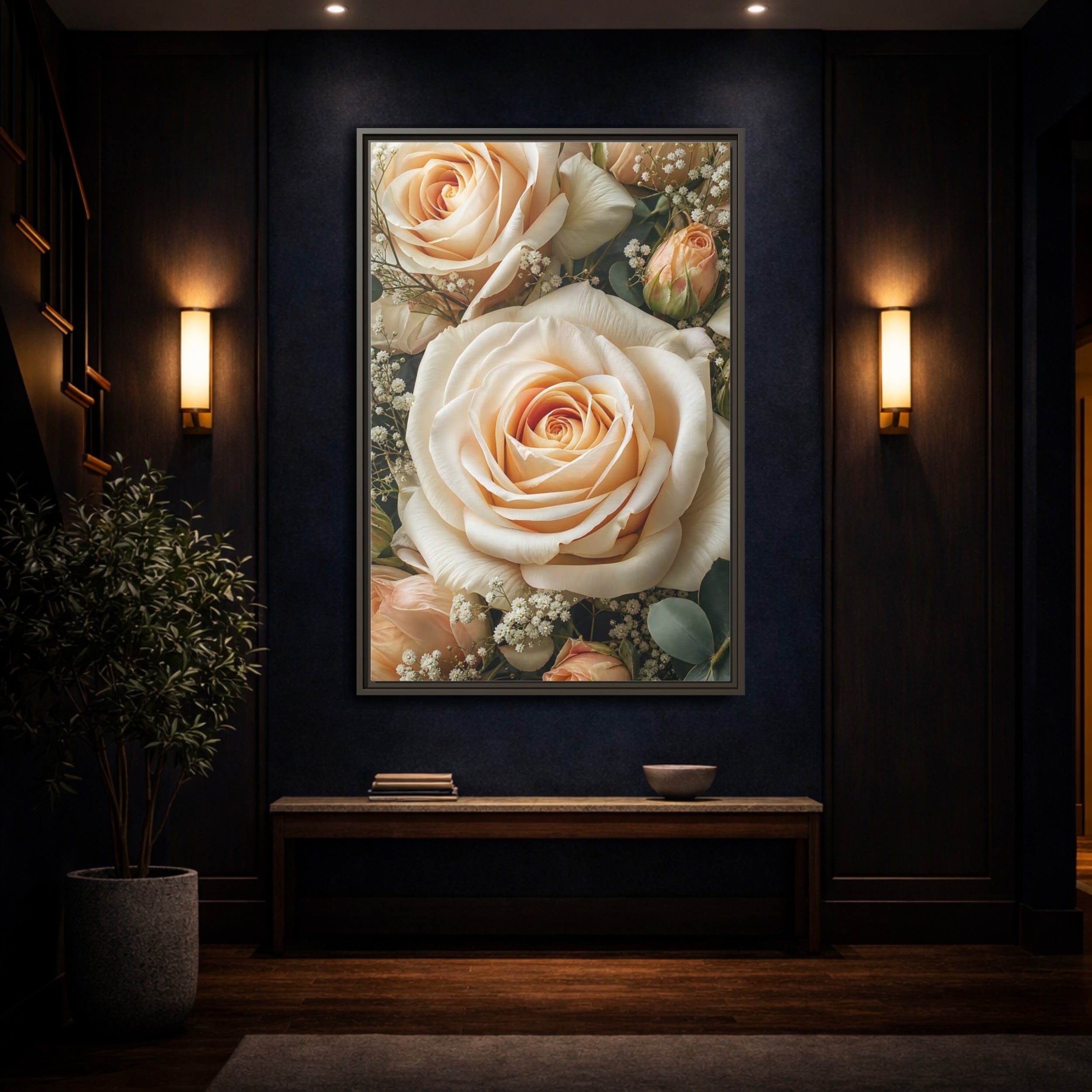 Mockup 4. Floral Roses Pale Floral shown as stretched canvas wall art