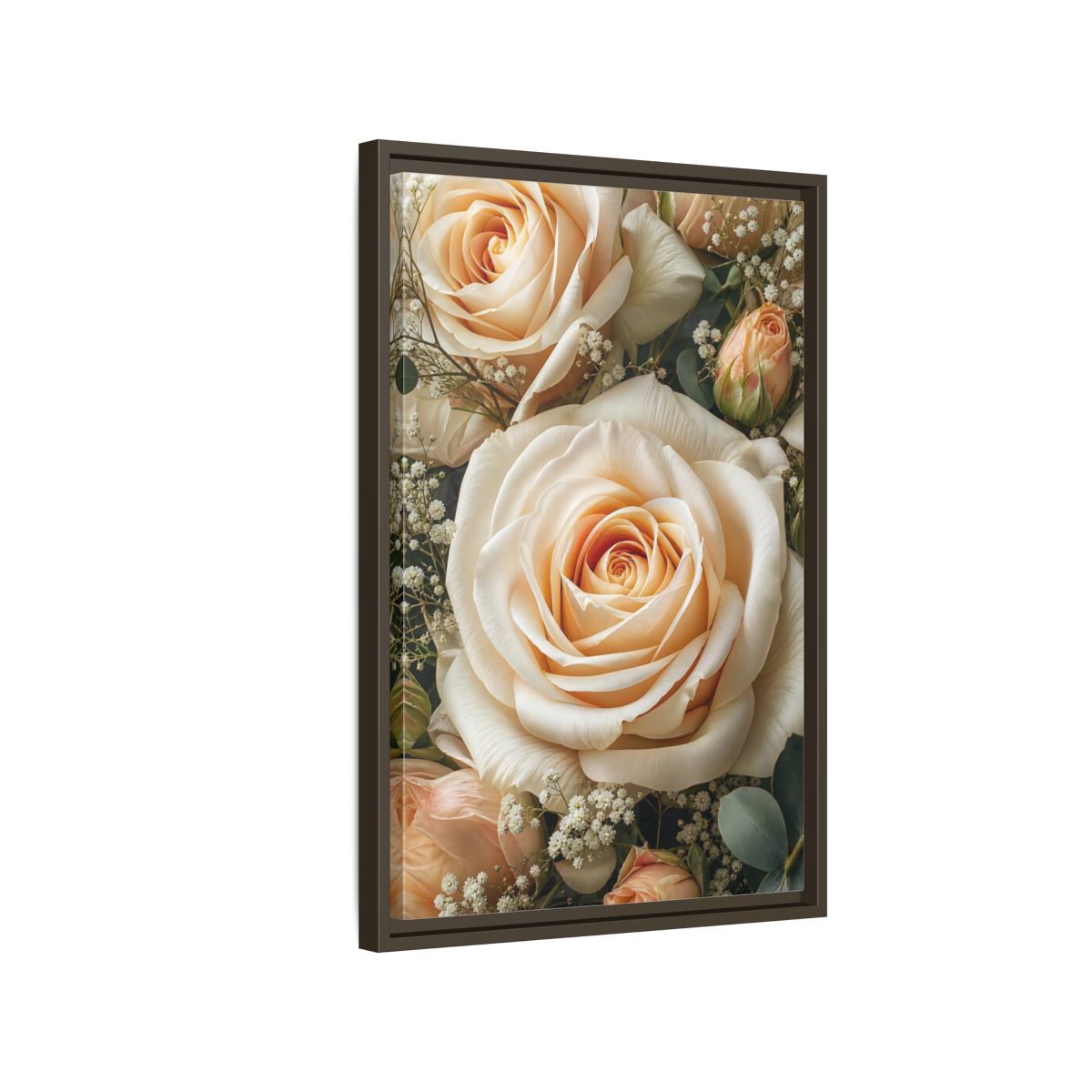 Side Mockup 2. Floral Roses Pale Floral shown as stretched canvas wall art