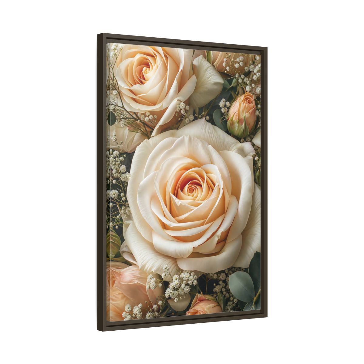 Side Mockup 11. Floral Roses Pale Floral shown as stretched canvas wall art