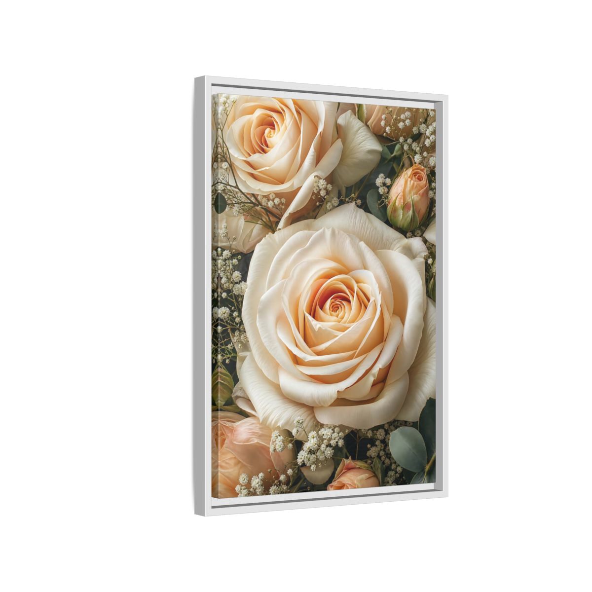 Side Mockup 1. Floral Roses Pale Floral shown as stretched canvas wall art
