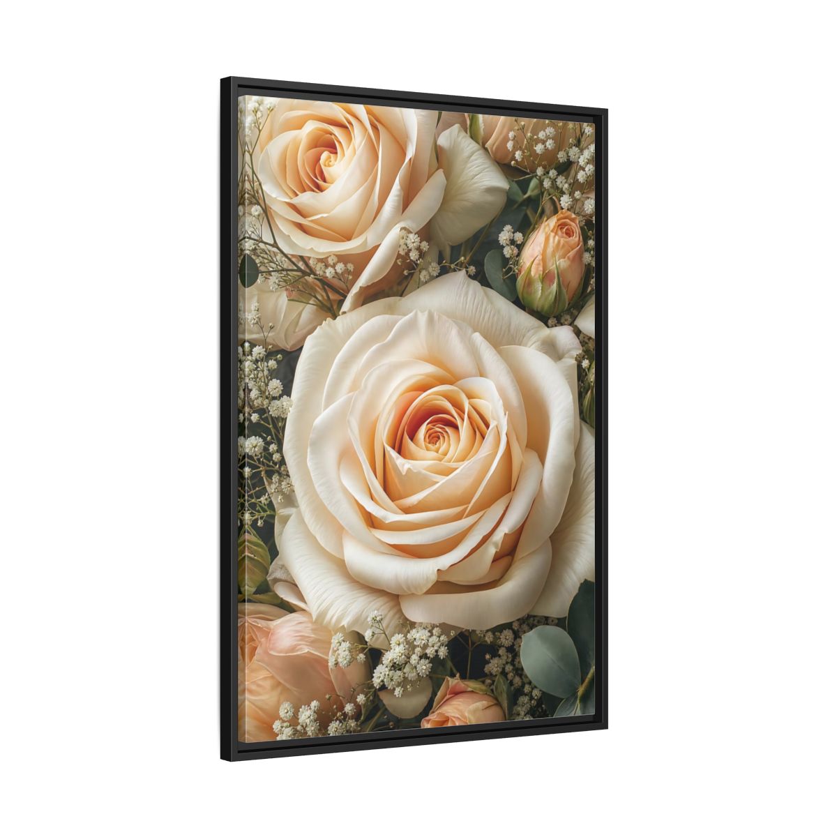 Side Mockup 13. Floral Roses Pale Floral shown as stretched canvas wall art