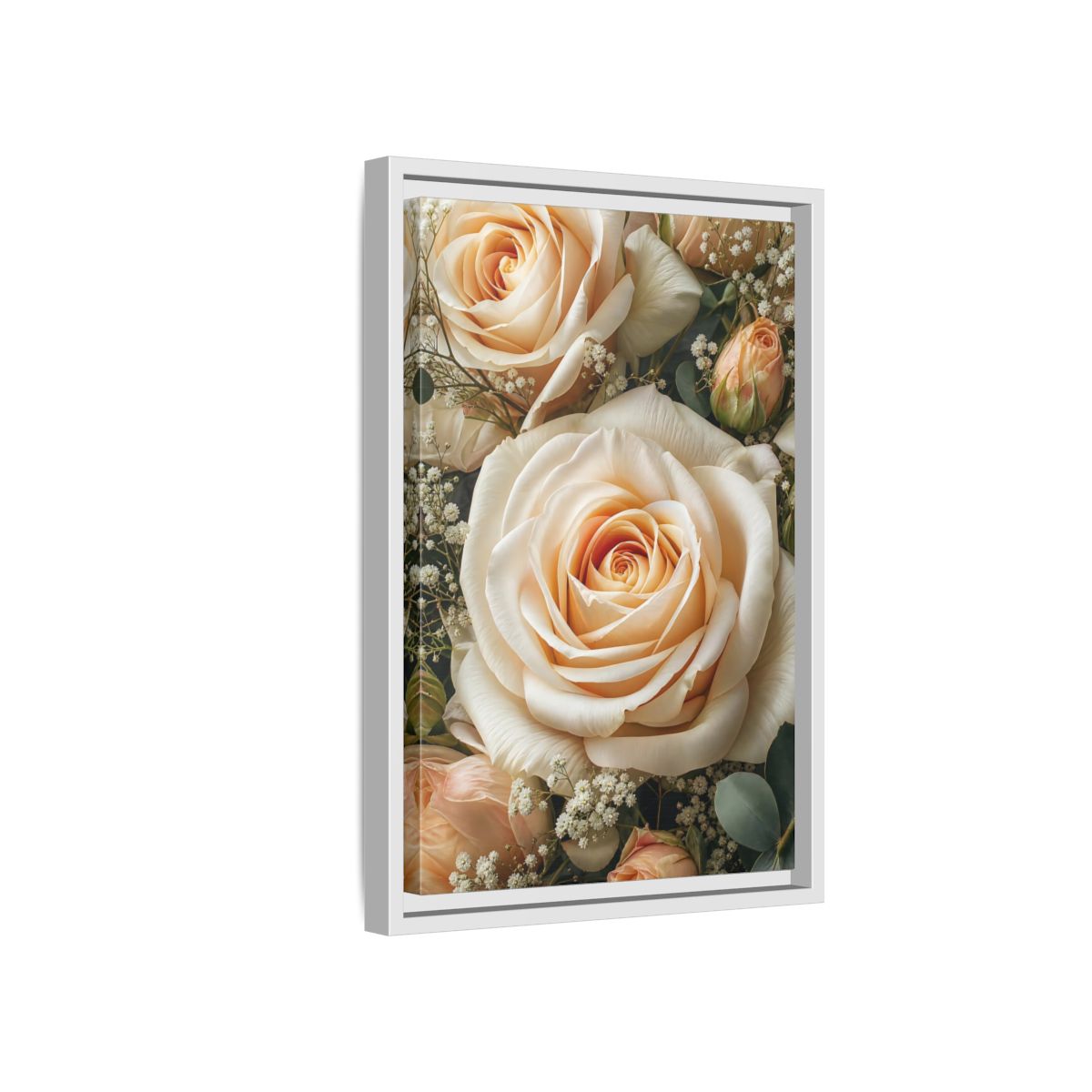 Side Mockup 4. Floral Roses Pale Floral shown as stretched canvas wall art