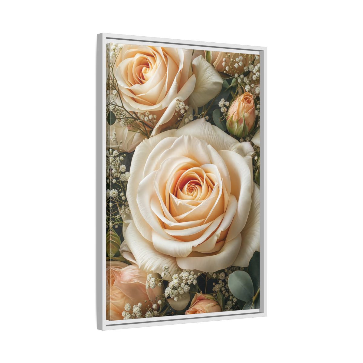 Side Mockup 10. Floral Roses Pale Floral shown as stretched canvas wall art