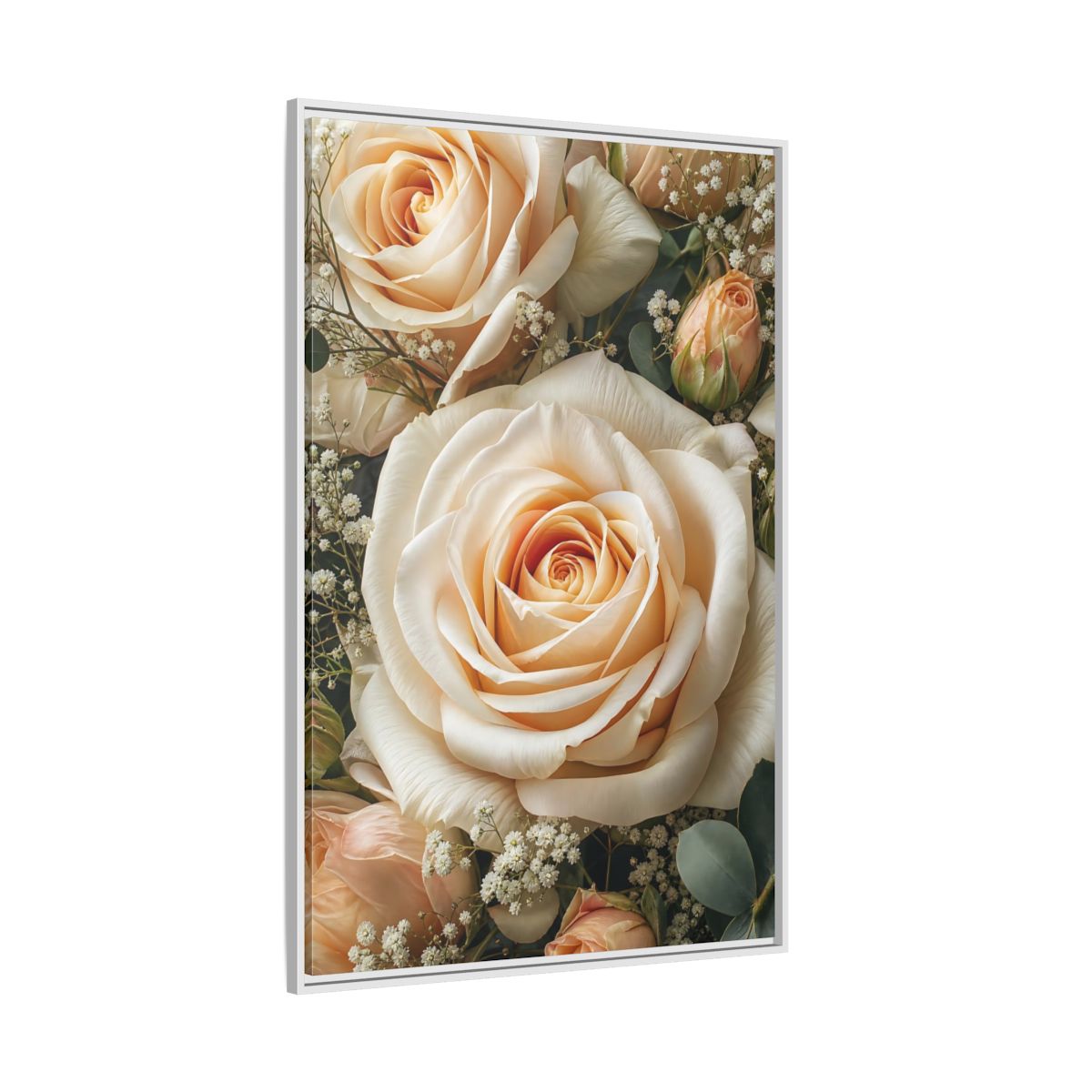 Side Mockup 7. Floral Roses Pale Floral shown as stretched canvas wall art