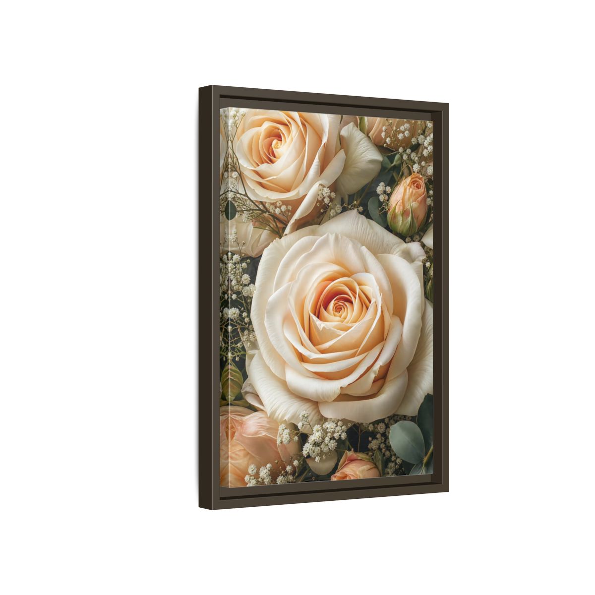 Side Mockup 5. Floral Roses Pale Floral shown as stretched canvas wall art
