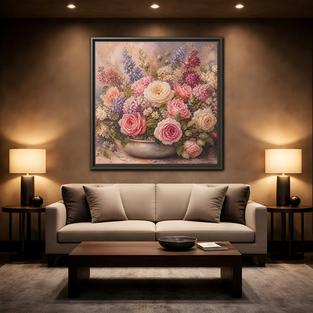 Mockup 2. Floral Roses Pastel Floral shown as stretched canvas wall art