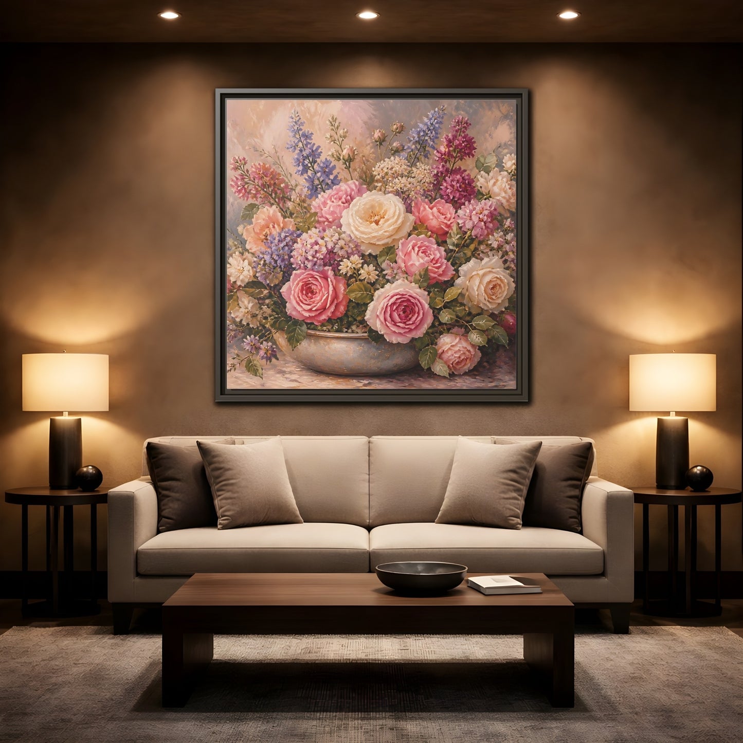 Mockup 2. Floral Roses Pastel Floral shown as stretched canvas wall art