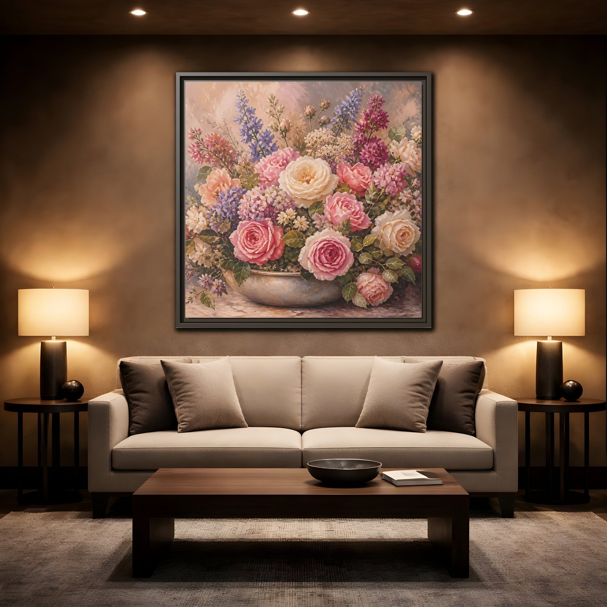 Mockup 2. Floral Roses Pastel Floral shown as stretched canvas wall art