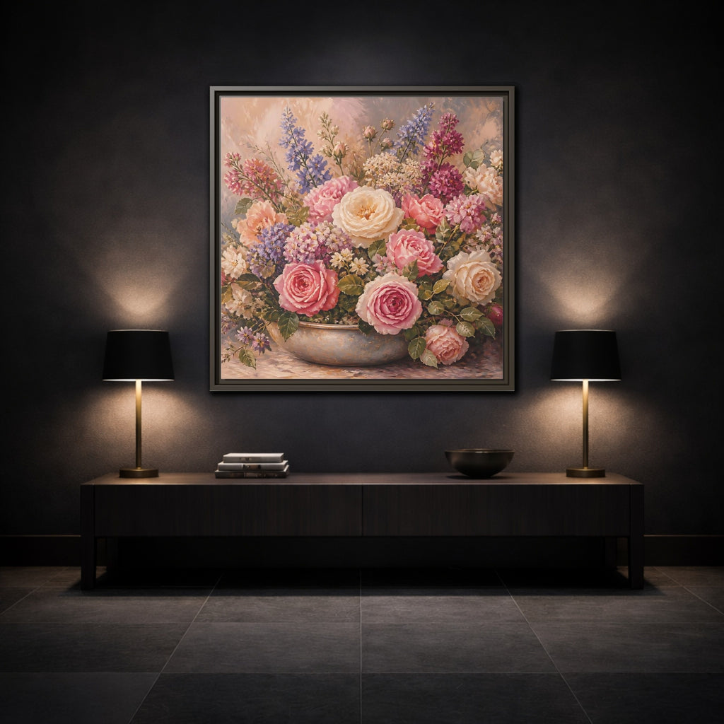 Mockup 3. Floral Roses Pastel Floral shown as stretched canvas wall art