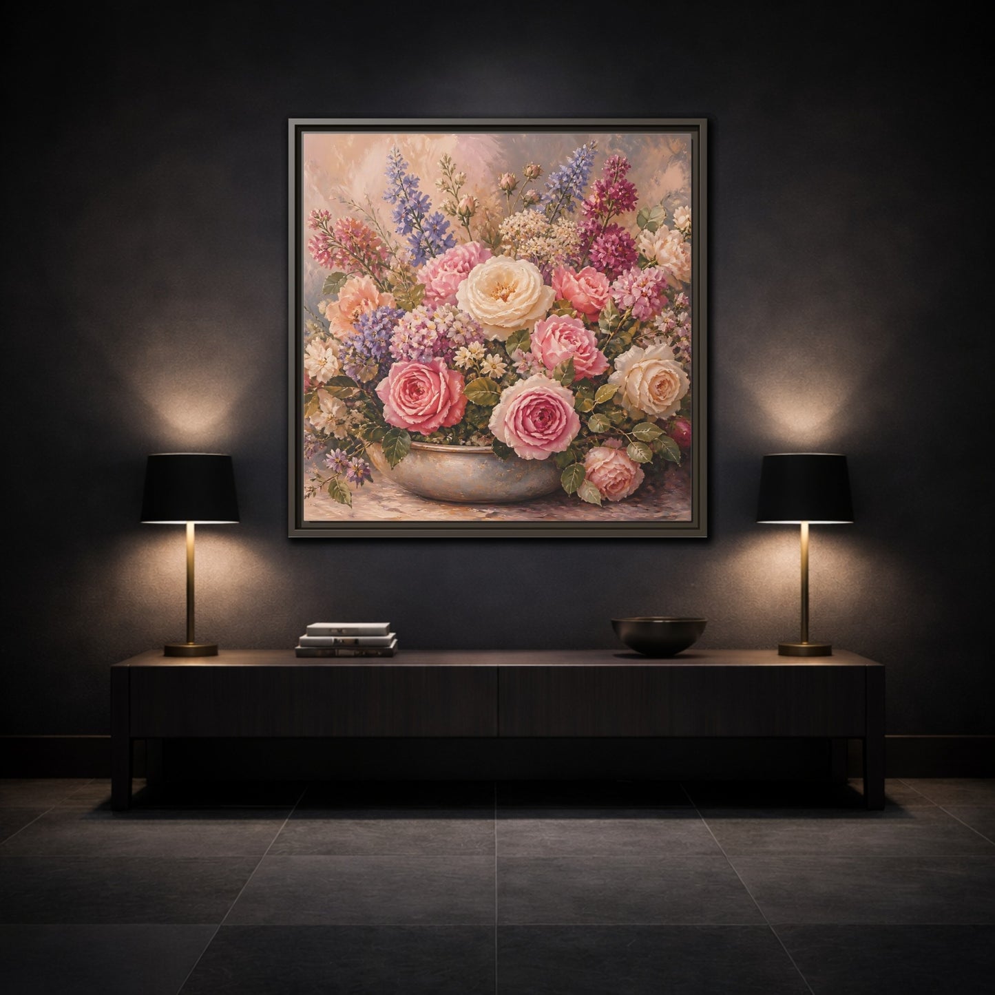 Mockup 3. Floral Roses Pastel Floral shown as stretched canvas wall art