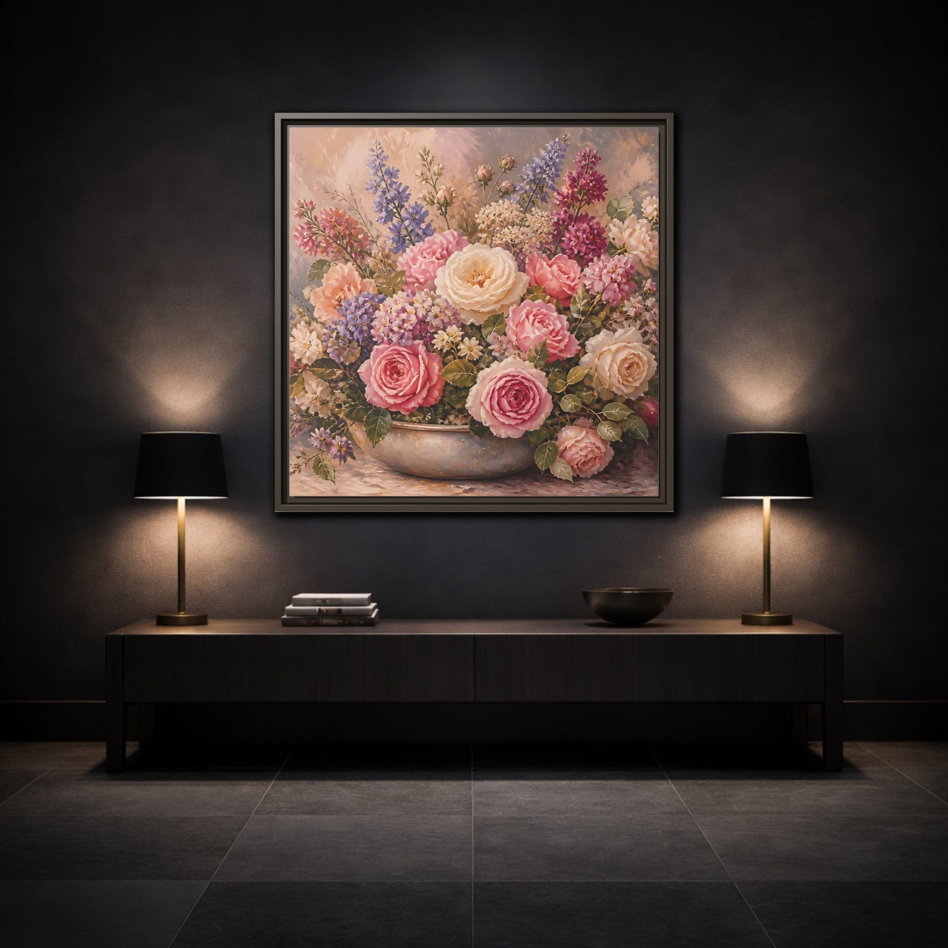 Mockup 3. Floral Roses Pastel Floral shown as stretched canvas wall art