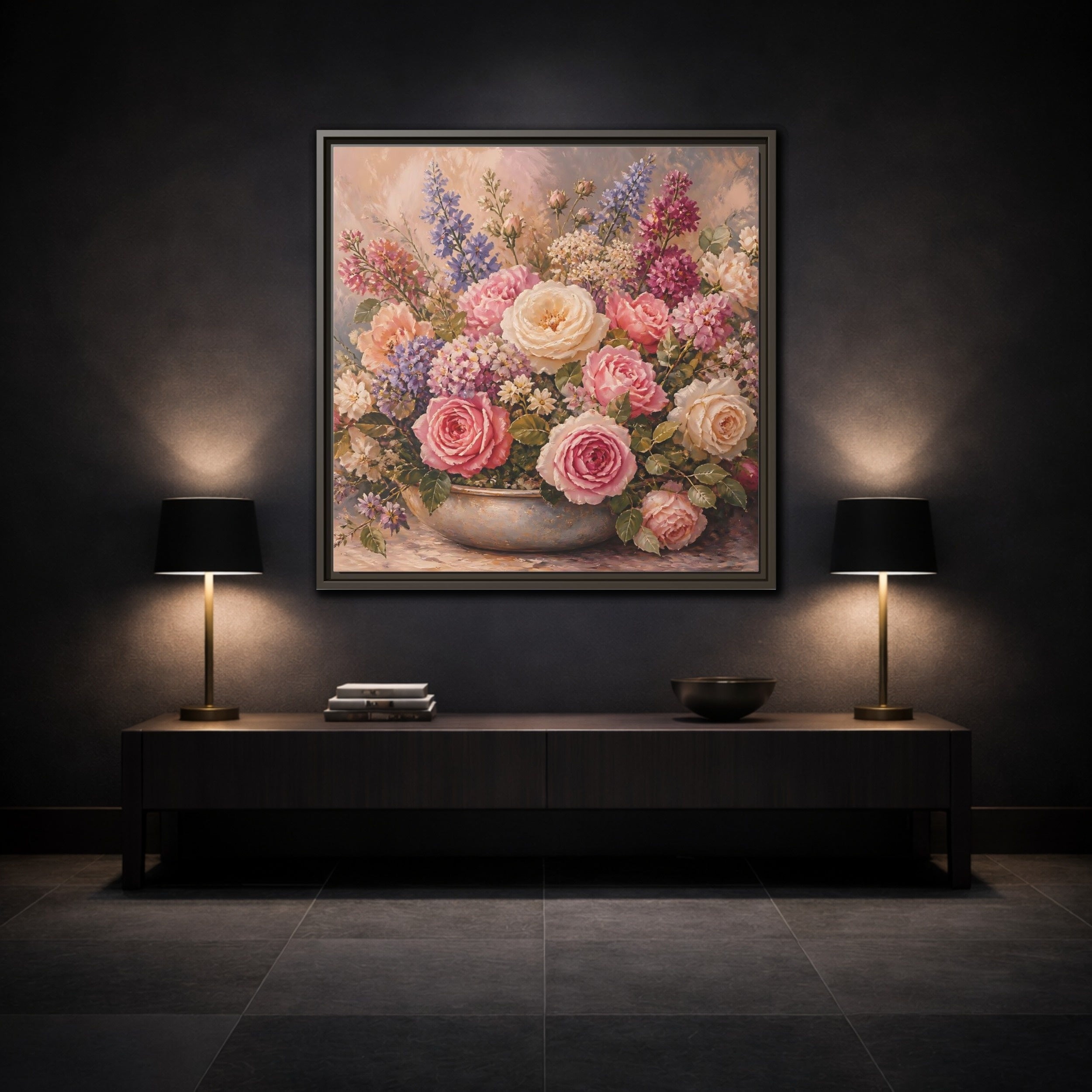 Mockup 3. Floral Roses Pastel Floral shown as stretched canvas wall art