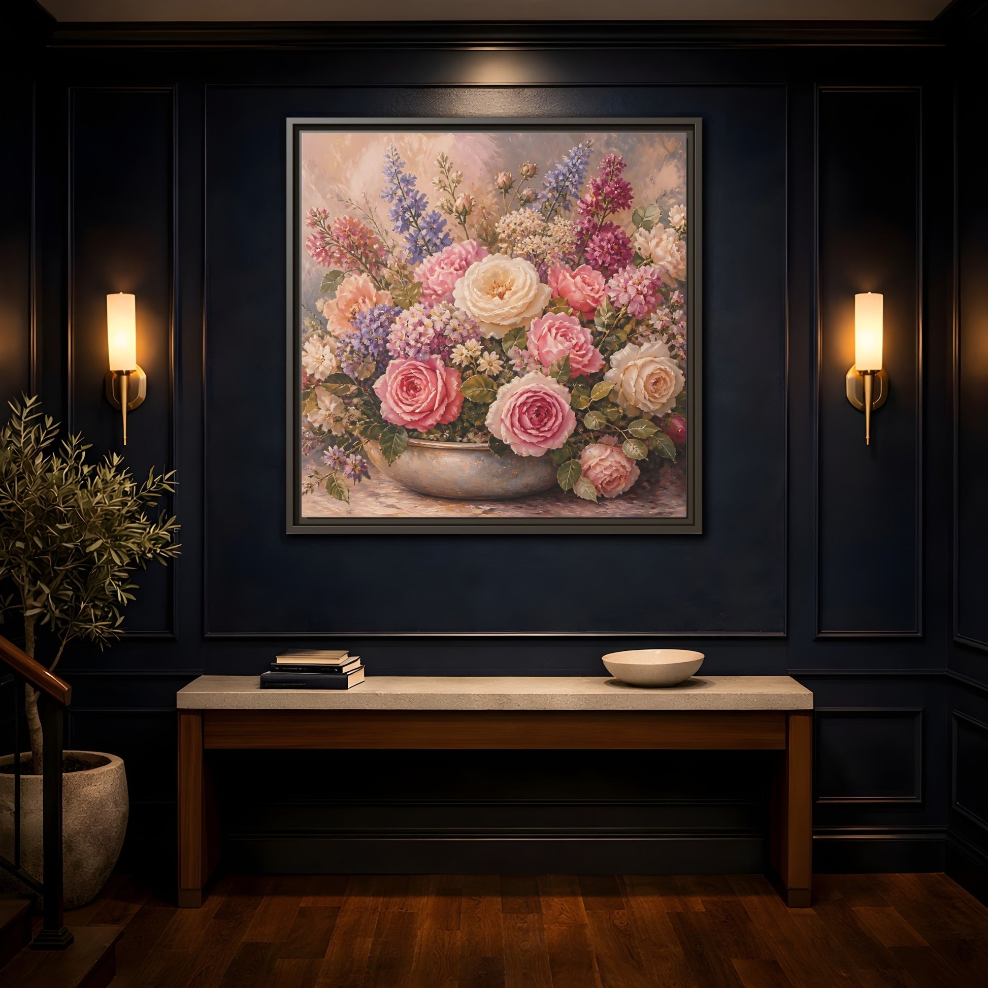 Mockup 4. Floral Roses Pastel Floral shown as stretched canvas wall art