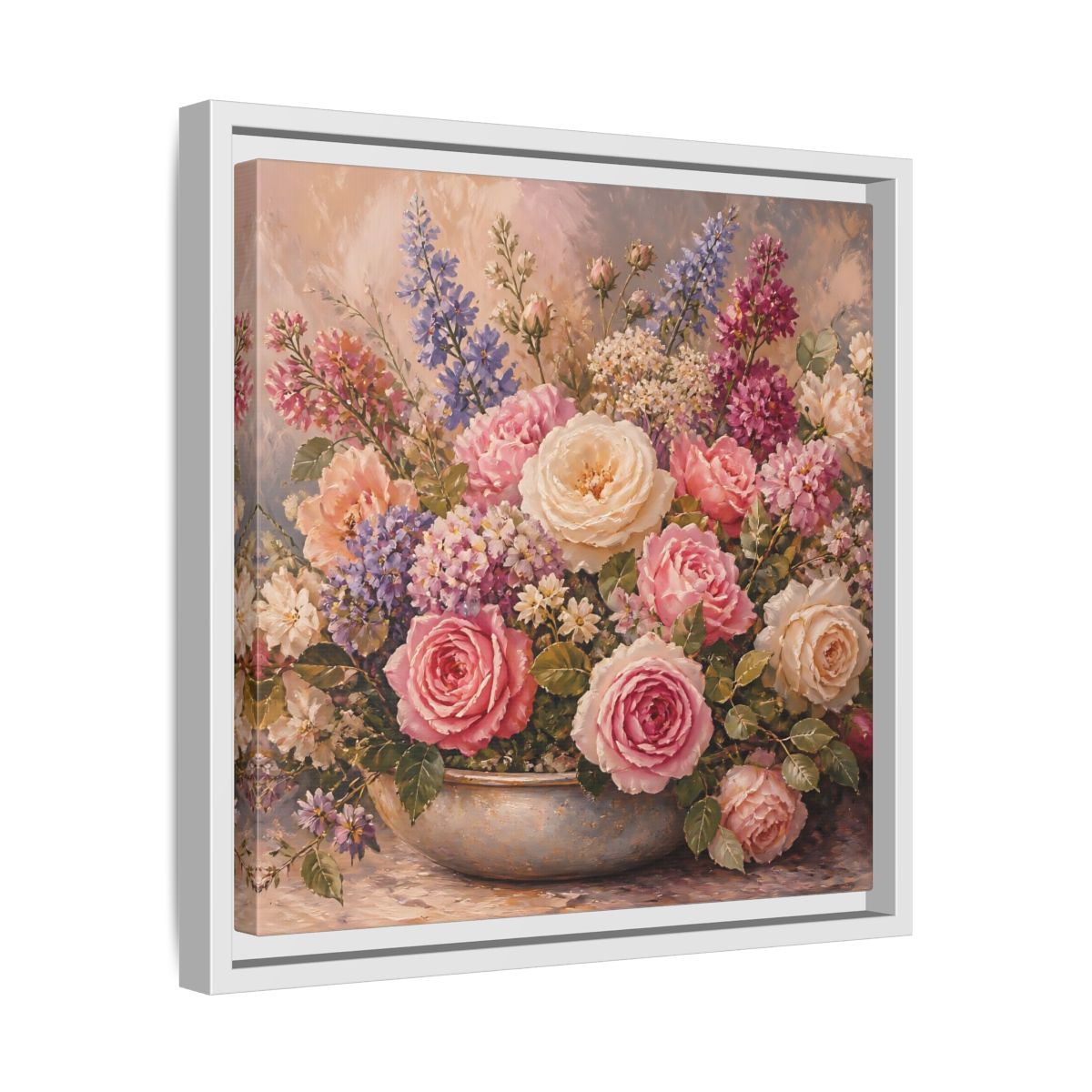 Side Mockup 28. Floral Roses Pastel Floral shown as stretched canvas wall art