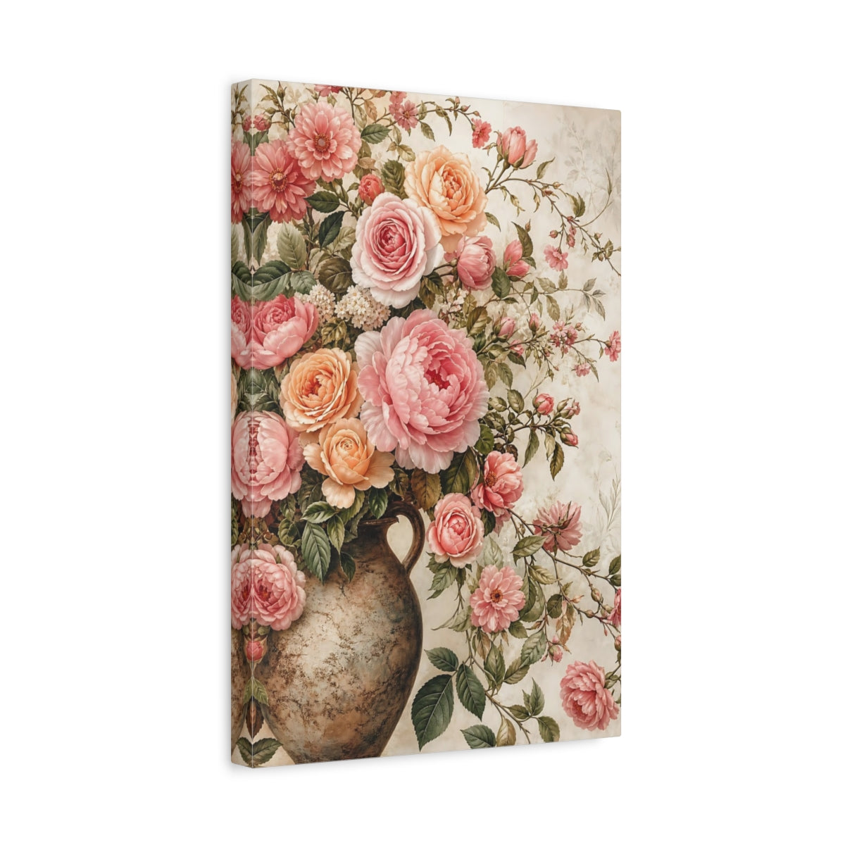 Side Mockup 4. Floral Roses Peonies Pink And Peach Flowers shown as stretched canvas wall art