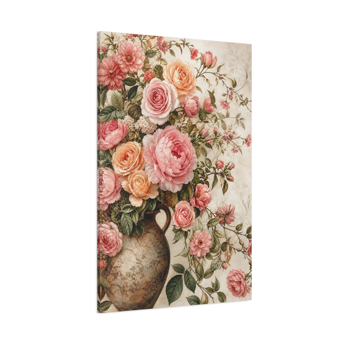 Side Mockup 1. Floral Roses Peonies Pink And Peach Flowers shown as stretched canvas wall art