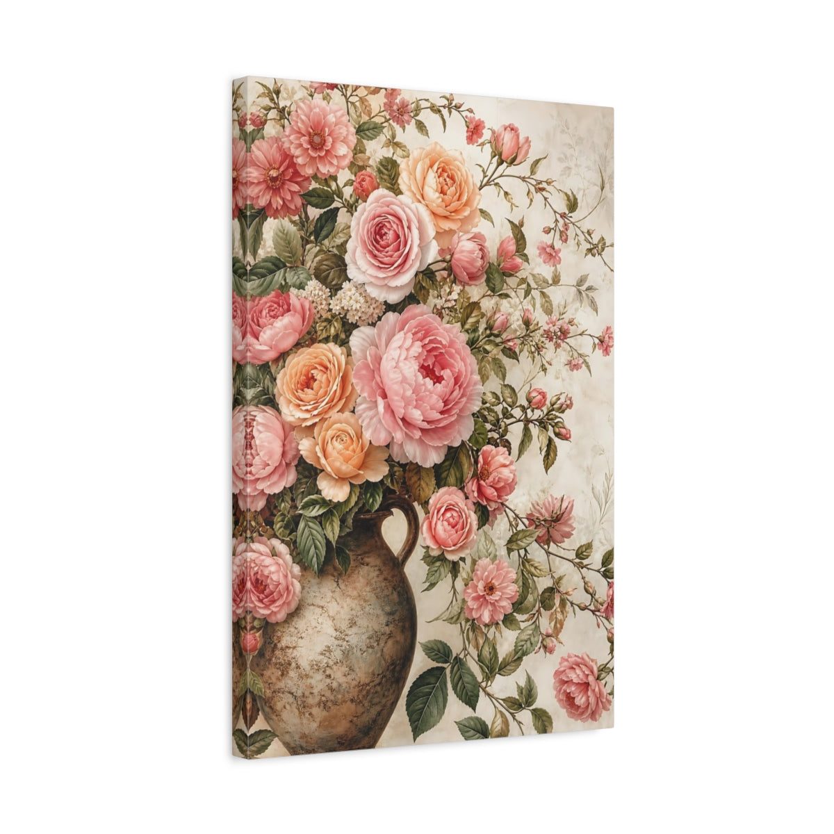 Side Mockup 3. Floral Roses Peonies Pink And Peach Flowers shown as stretched canvas wall art