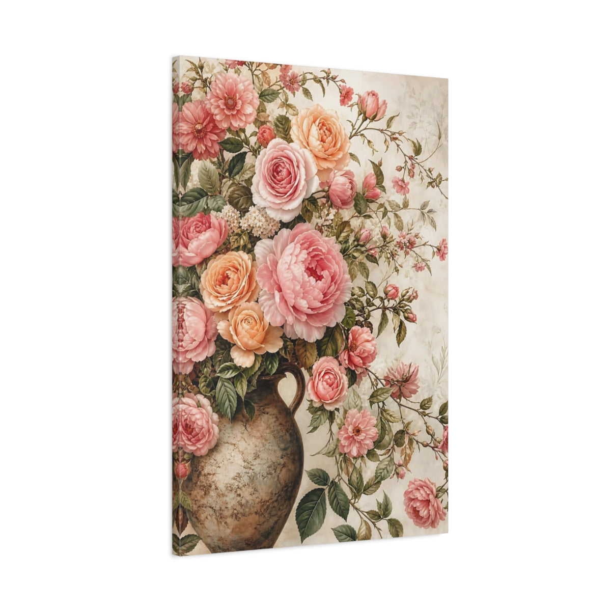 Main Mockup. Floral Roses Peonies Pink And Peach Flowers shown as stretched canvas wall art