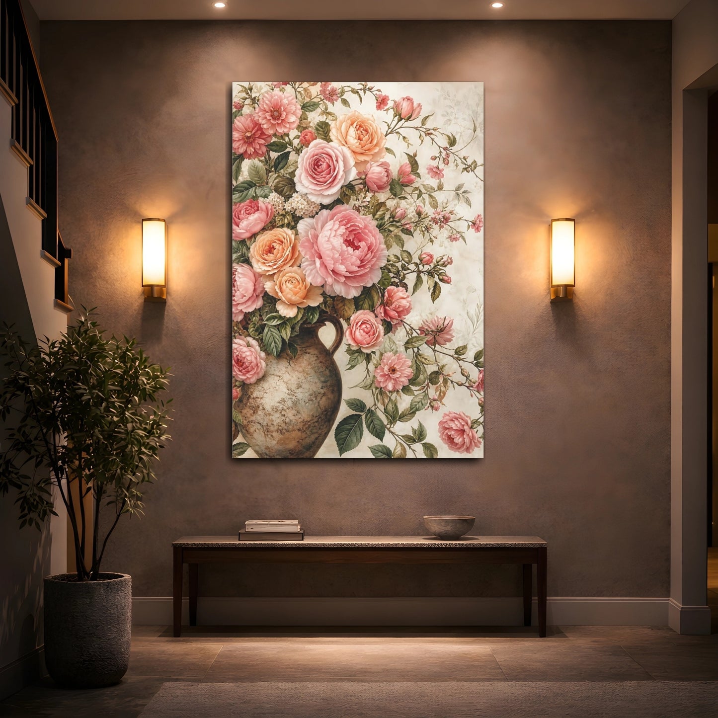 Mockup 2. Floral Roses Peonies Pink And Peach Flowers shown as stretched canvas wall art