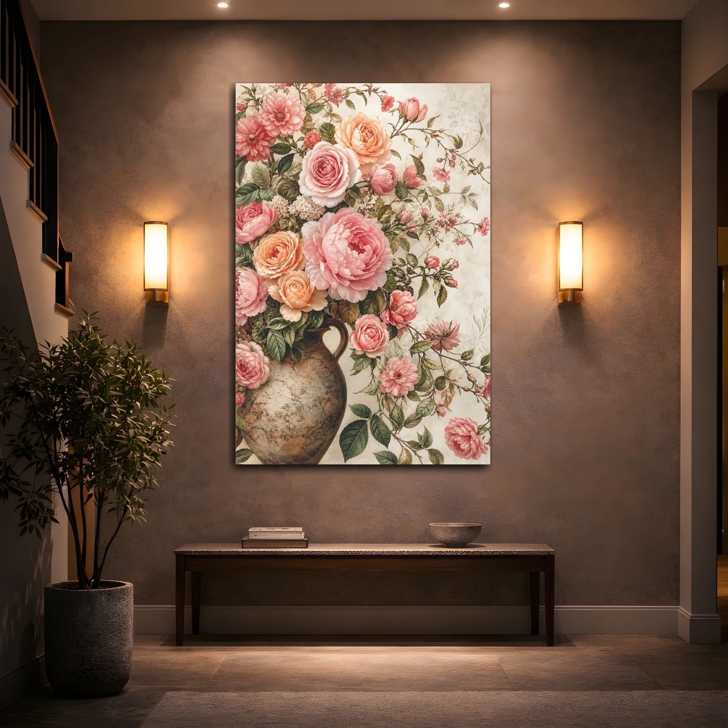 Mockup 2. Floral Roses Peonies Pink And Peach Flowers shown as stretched canvas wall art