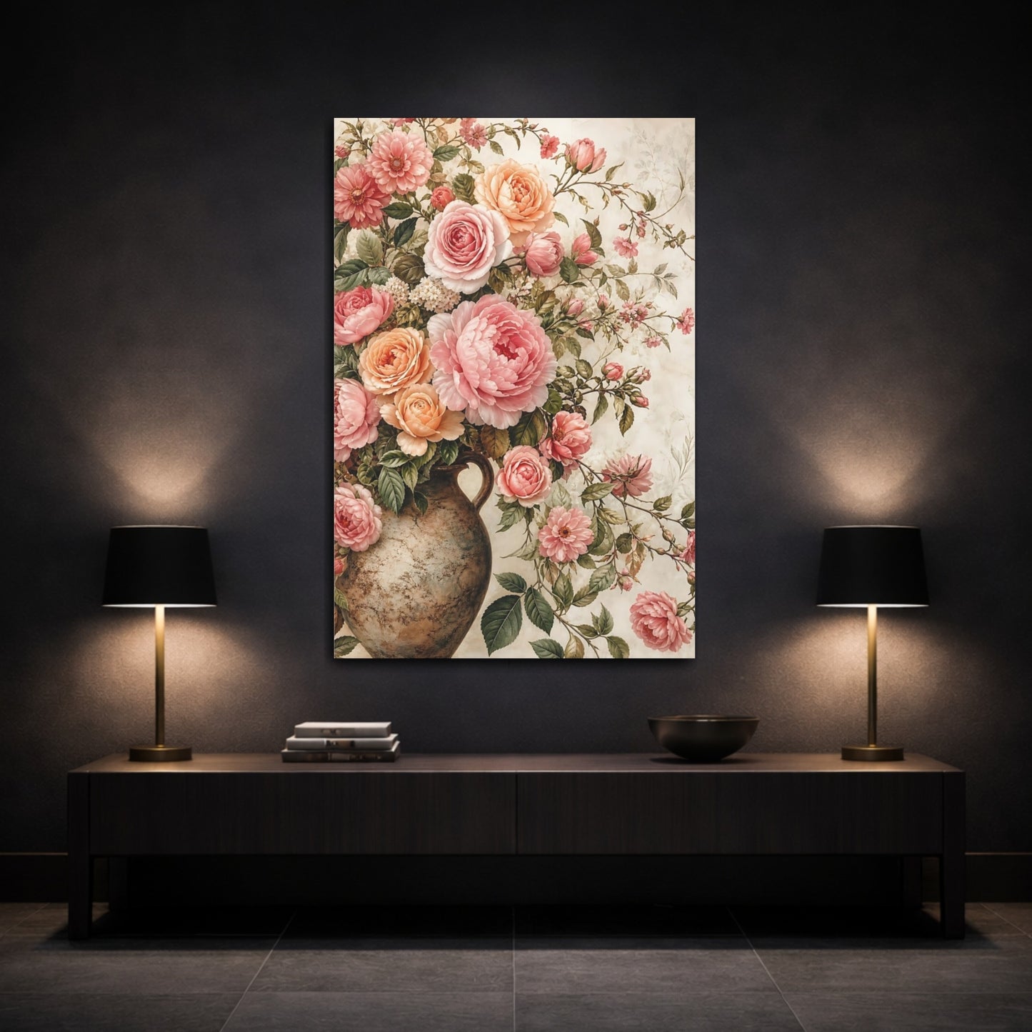 Mockup 3. Floral Roses Peonies Pink And Peach Flowers shown as stretched canvas wall art