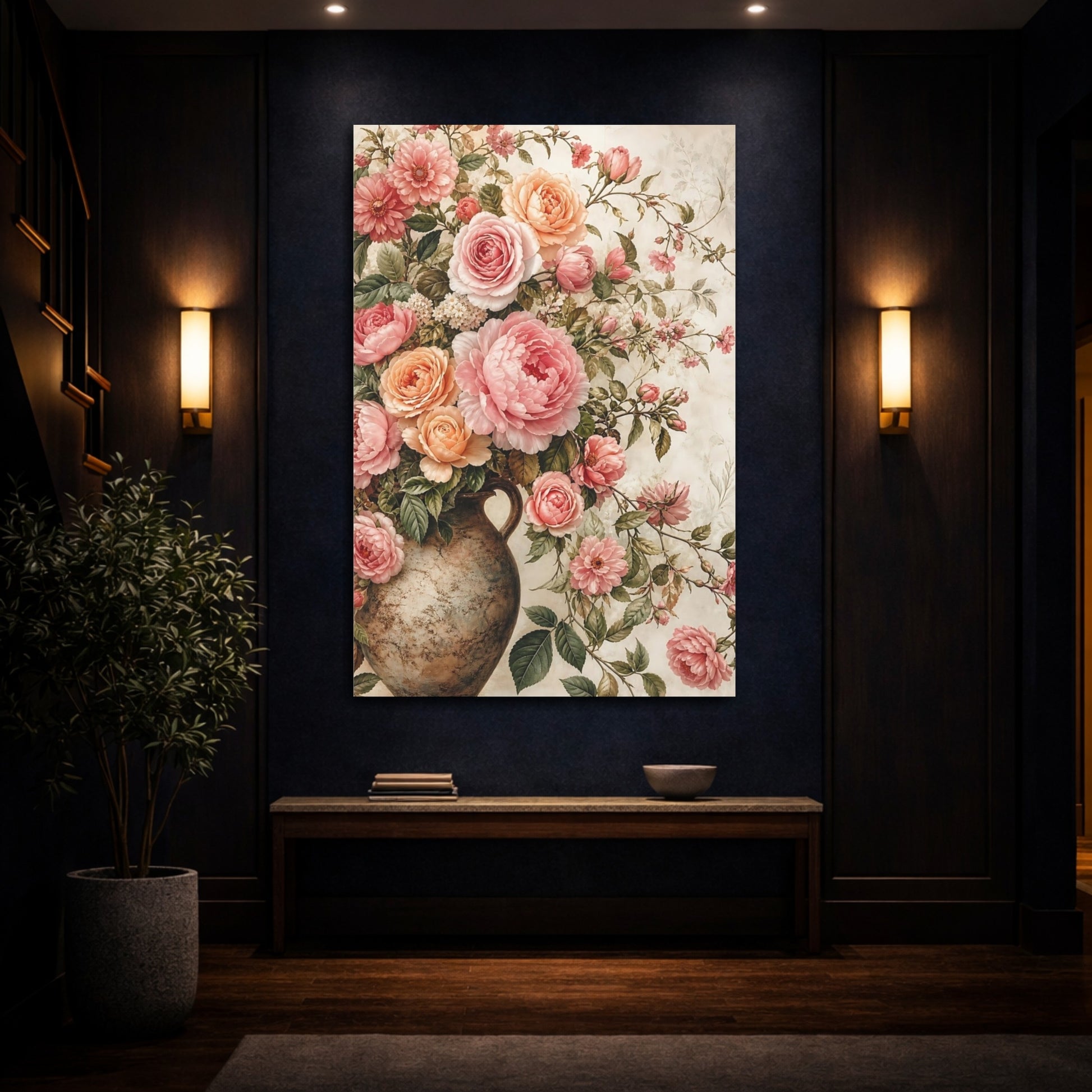 Mockup 4. Floral Roses Peonies Pink And Peach Flowers shown as stretched canvas wall art