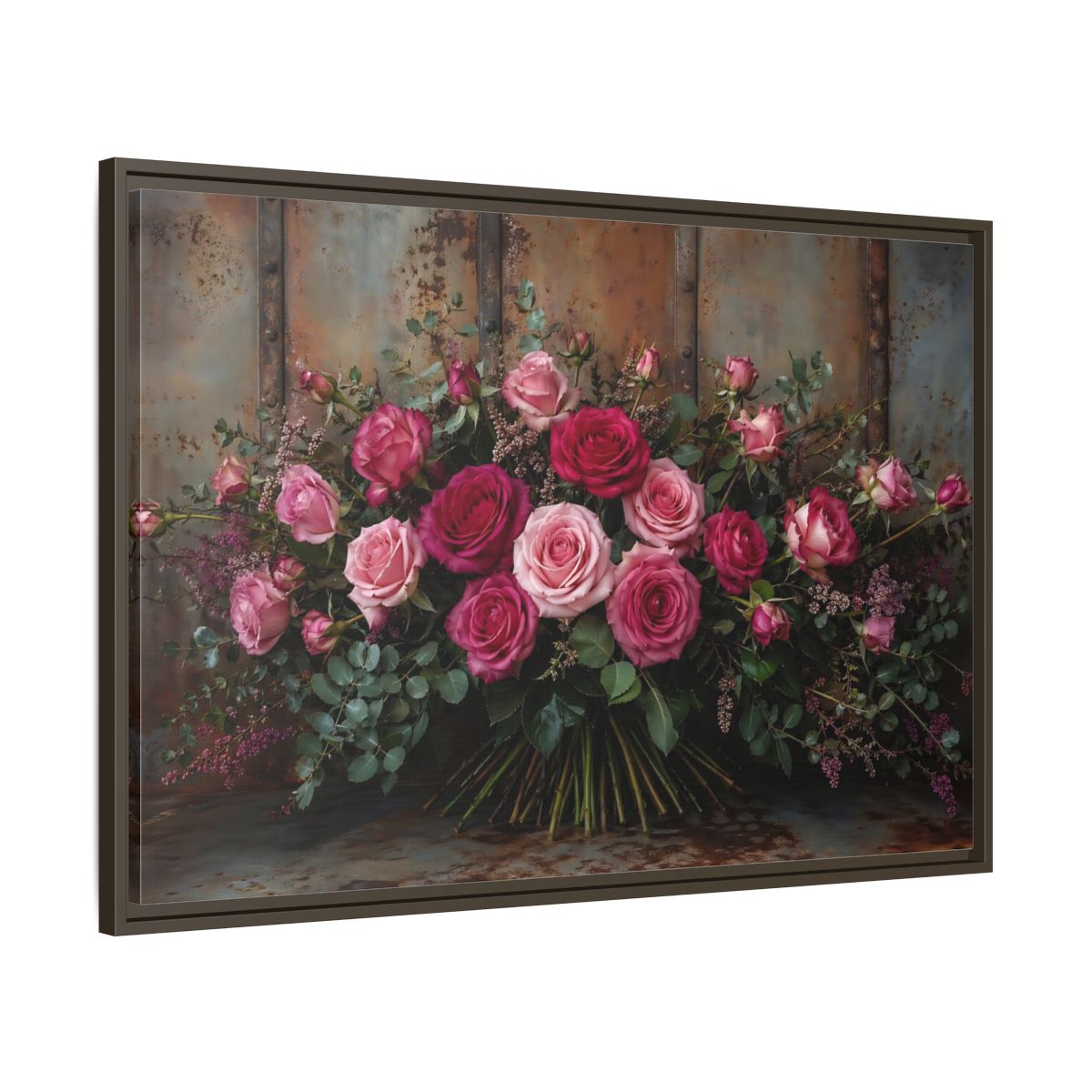 Main Mockup. Floral Roses Pink And Rust shown as stretched canvas wall art