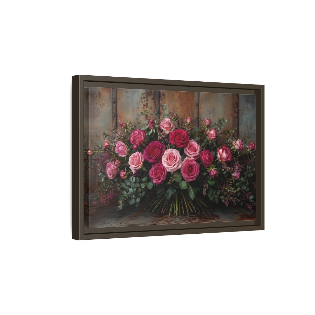 Side Mockup 5. Floral Roses Pink And Rust shown as stretched canvas wall art