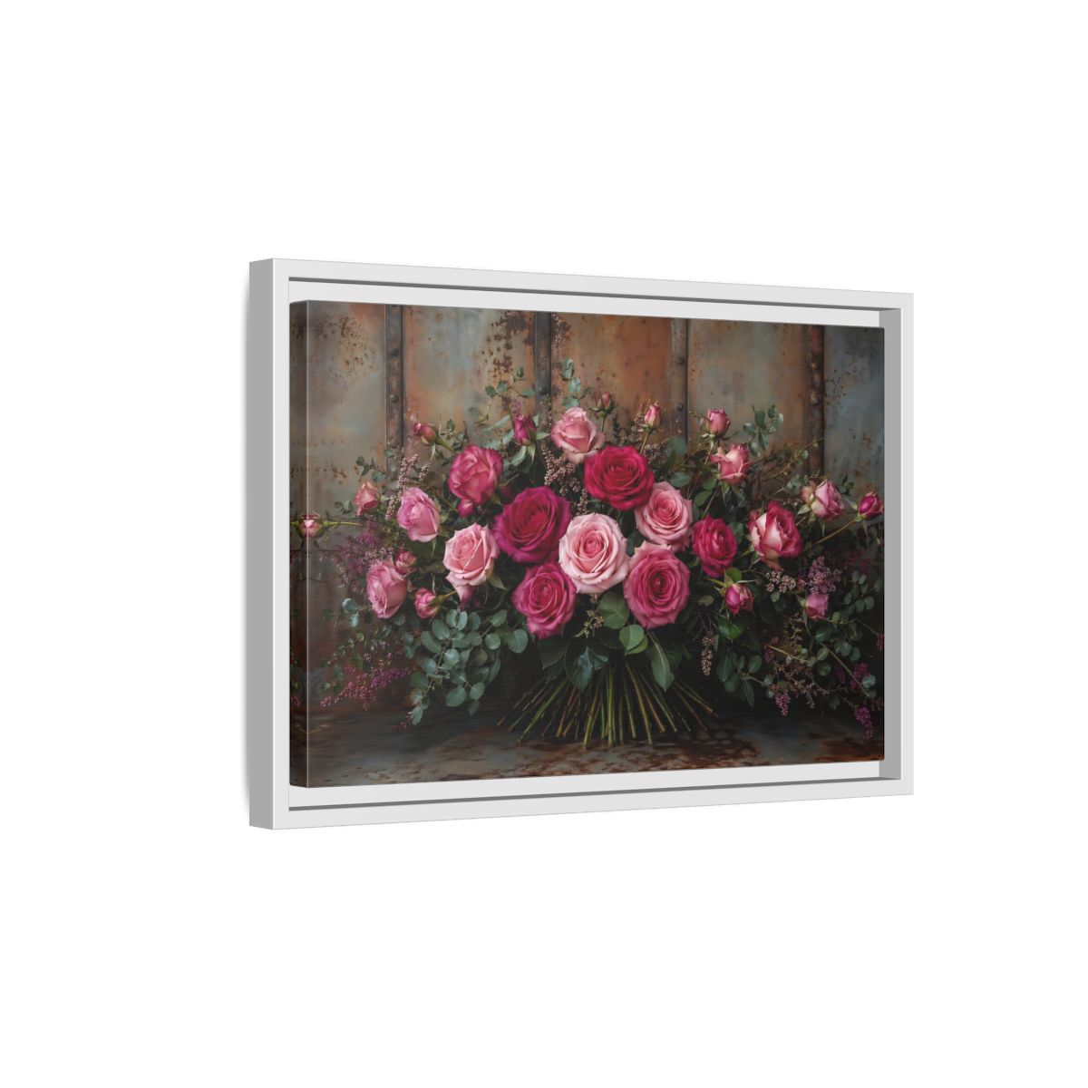 Side Mockup 4. Floral Roses Pink And Rust shown as stretched canvas wall art
