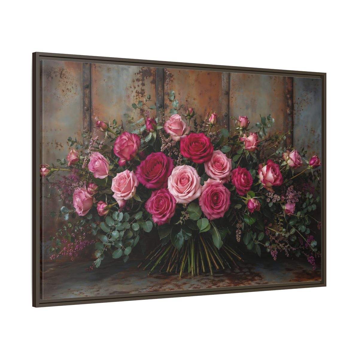 Side Mockup 8. Floral Roses Pink And Rust shown as stretched canvas wall art