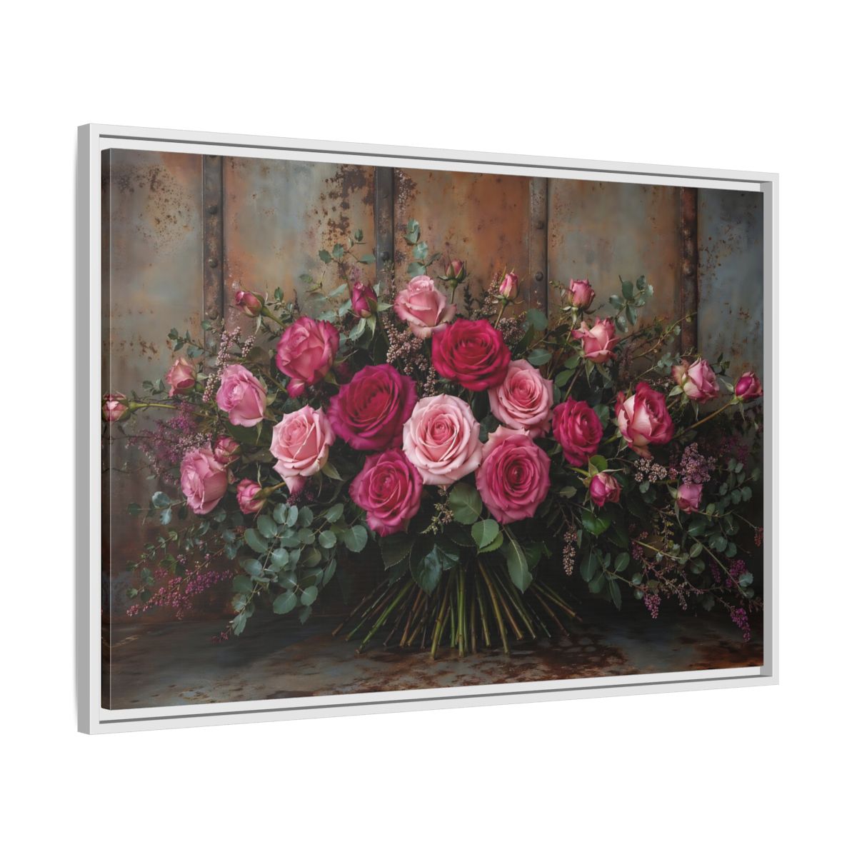 Side Mockup 9. Floral Roses Pink And Rust shown as stretched canvas wall art
