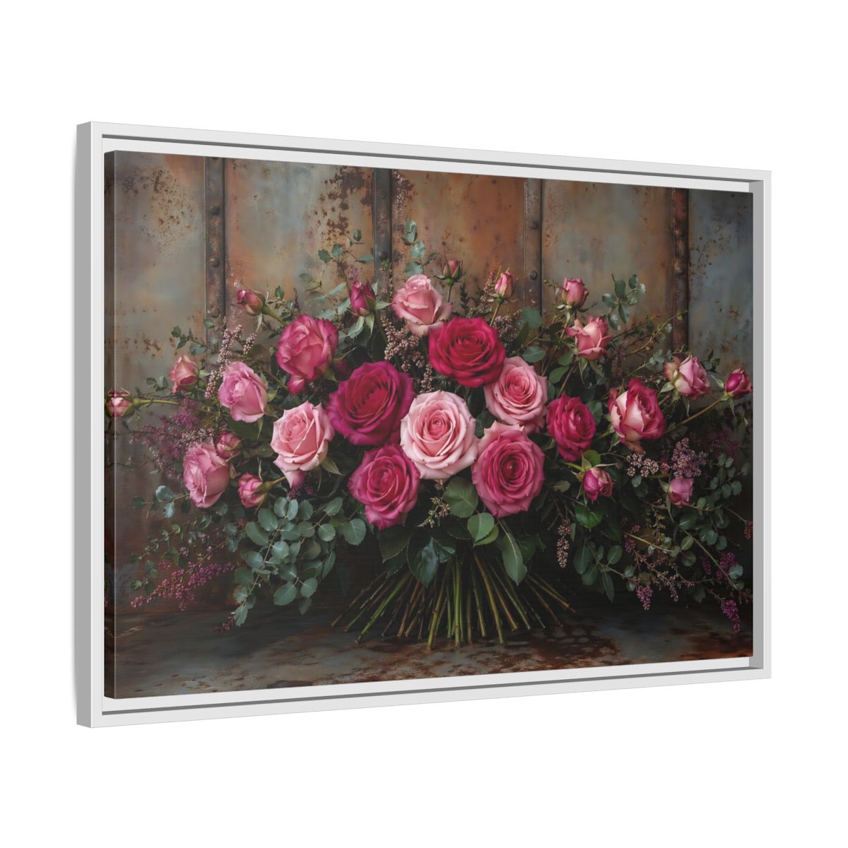 Side Mockup 10. Floral Roses Pink And Rust shown as stretched canvas wall art