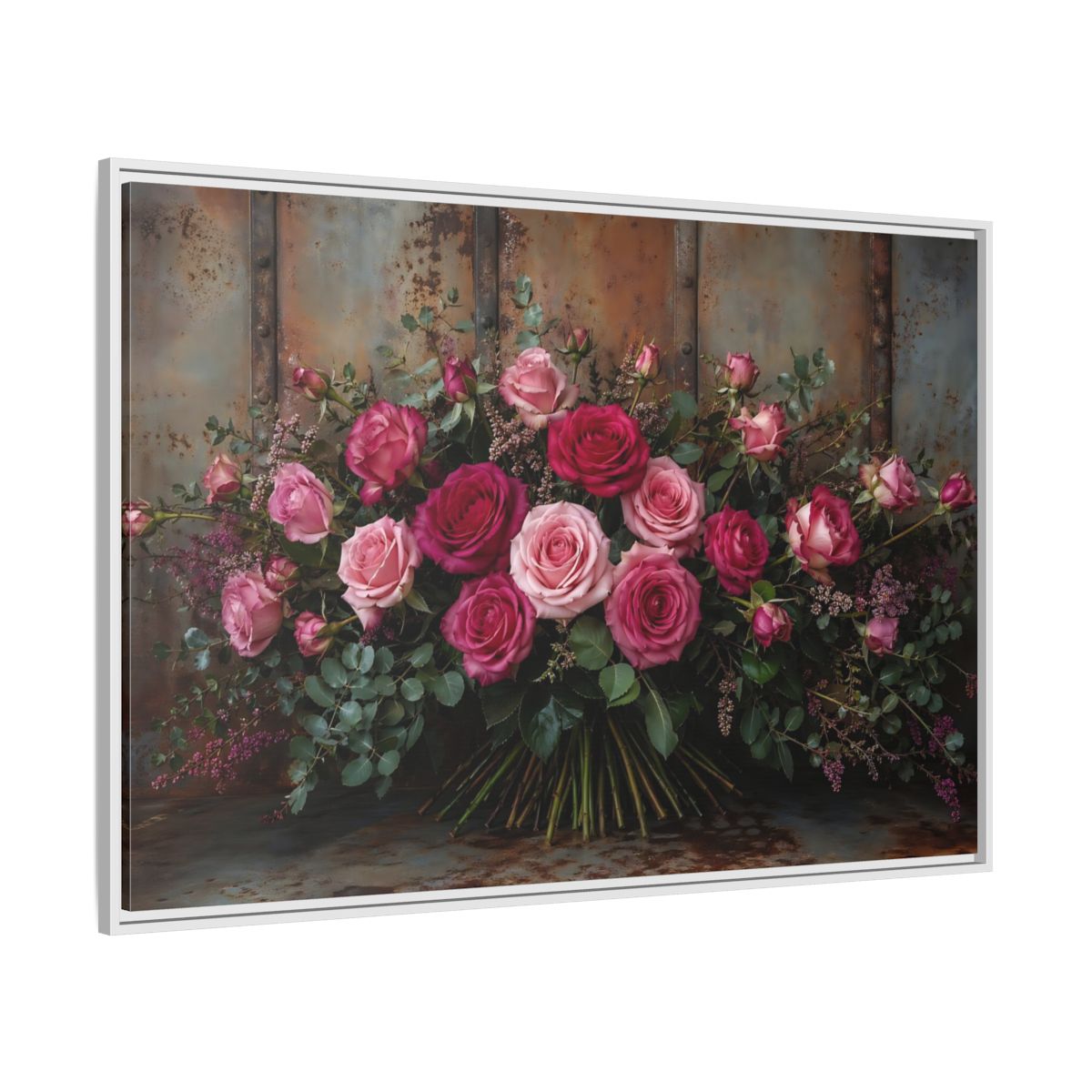 Side Mockup 7. Floral Roses Pink And Rust shown as stretched canvas wall art