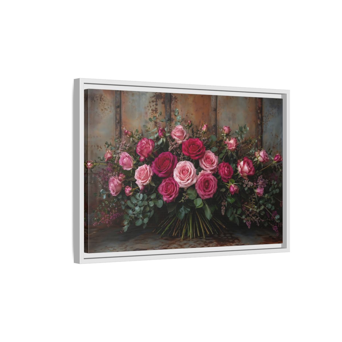 Side Mockup 1. Floral Roses Pink And Rust shown as stretched canvas wall art