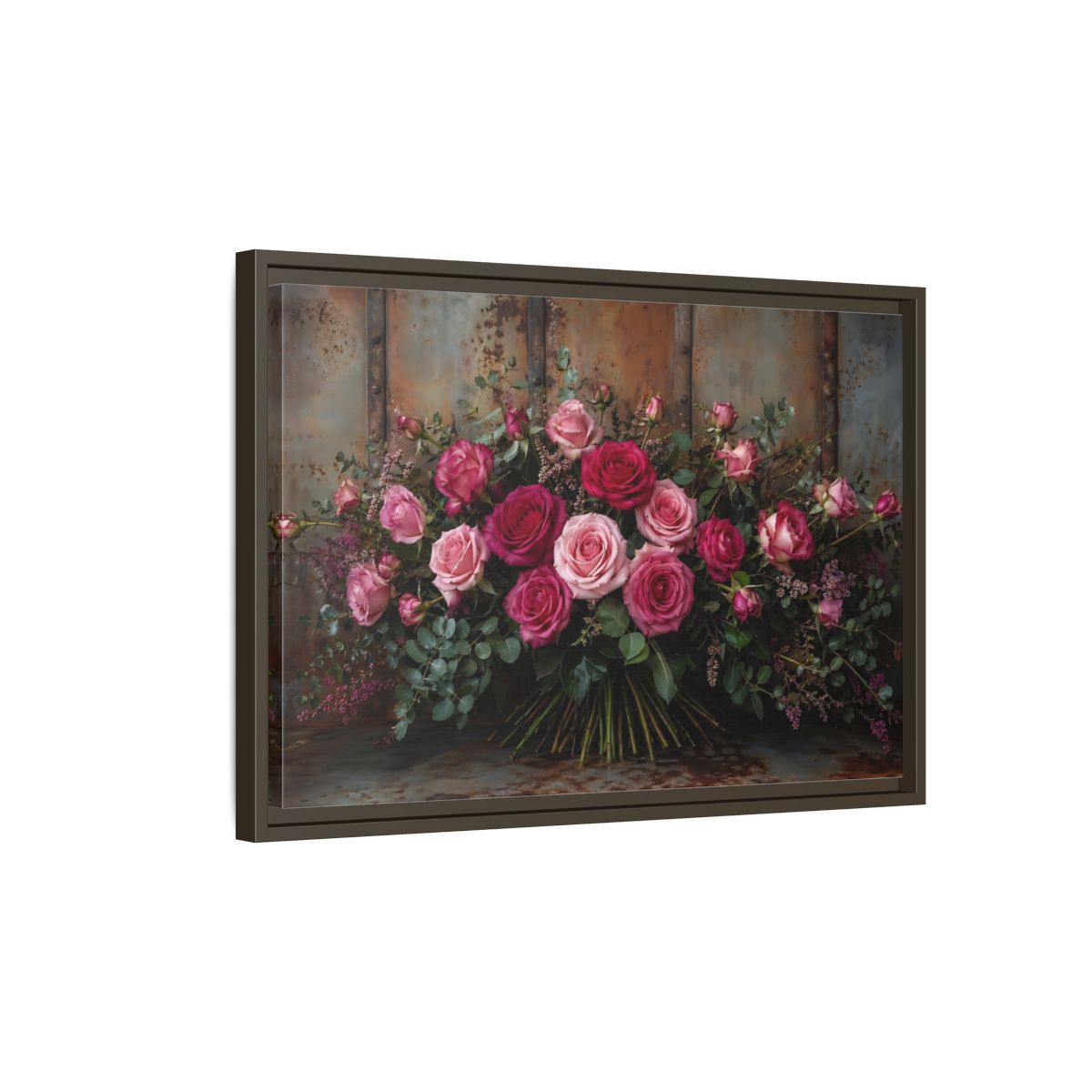 Side Mockup 2. Floral Roses Pink And Rust shown as stretched canvas wall art