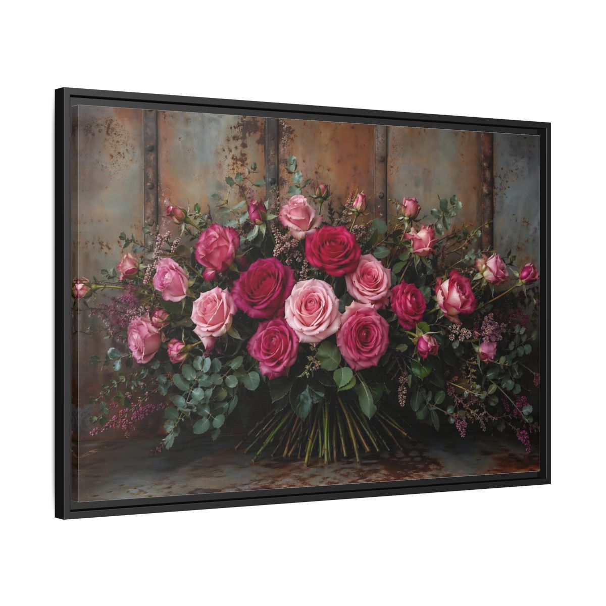 Side Mockup 13. Floral Roses Pink And Rust shown as stretched canvas wall art