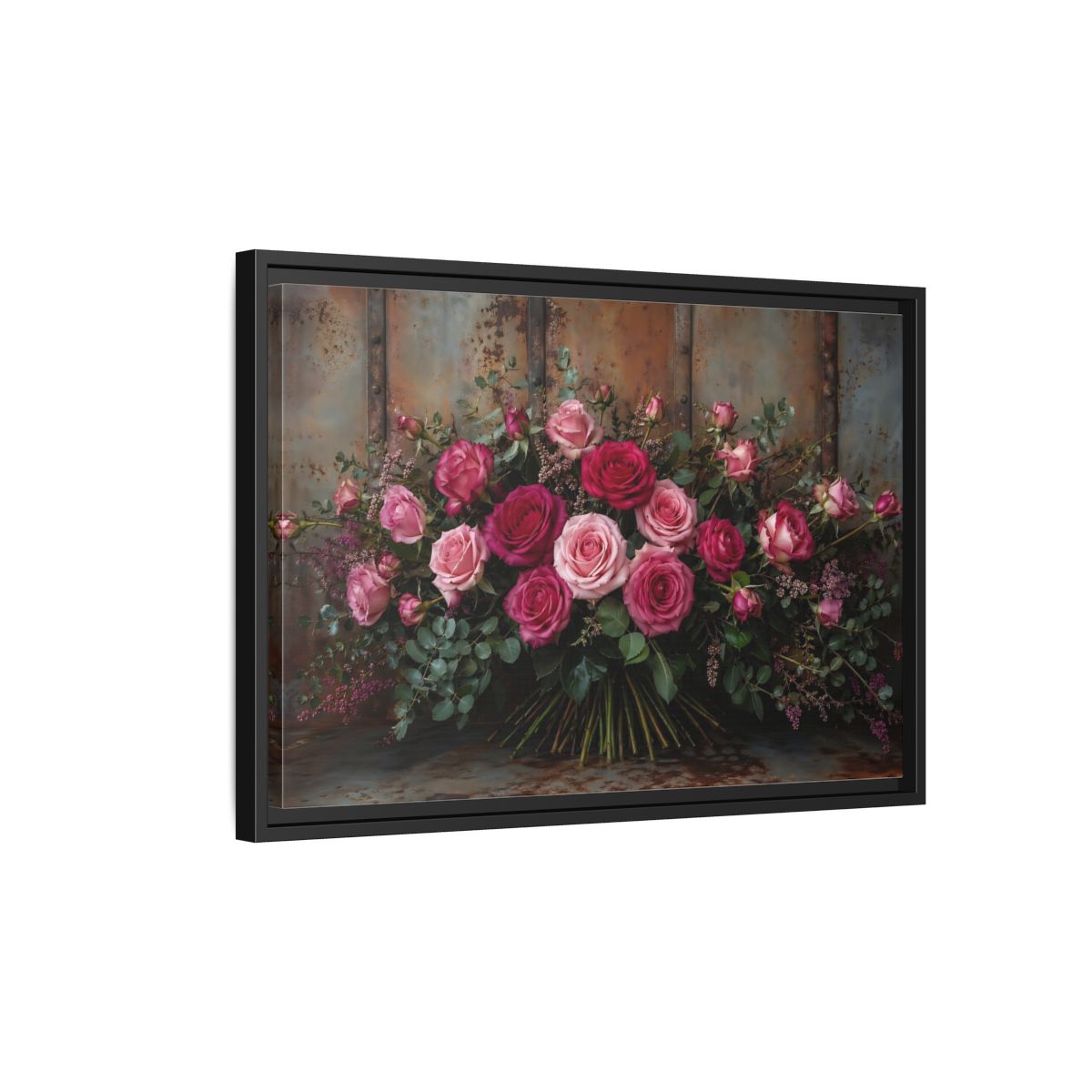 Side Mockup 3. Floral Roses Pink And Rust shown as stretched canvas wall art
