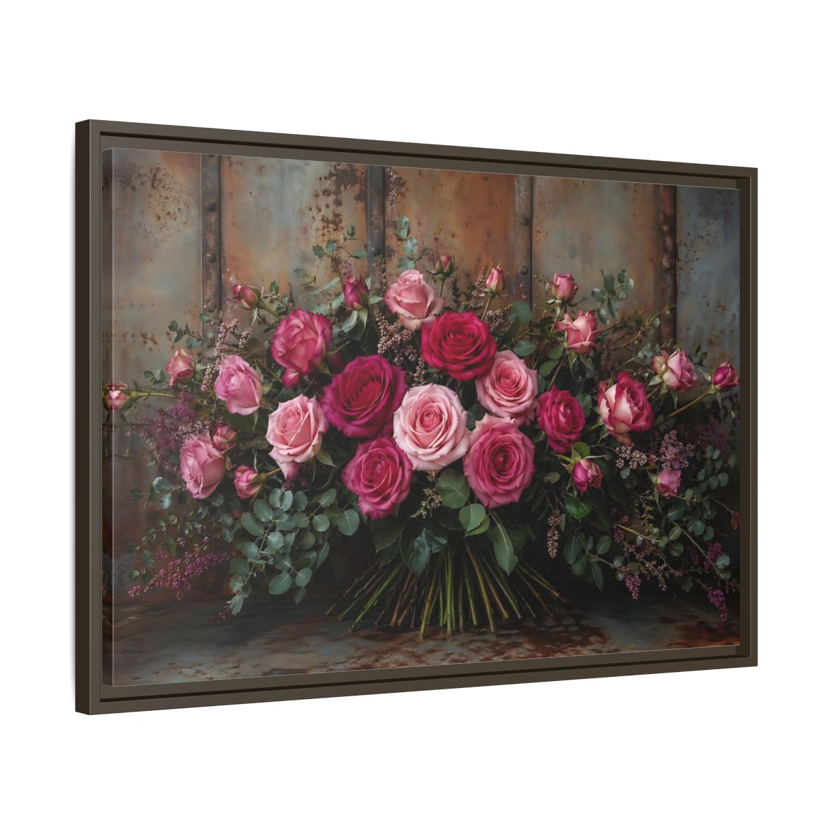 Side Mockup 11. Floral Roses Pink And Rust shown as stretched canvas wall art