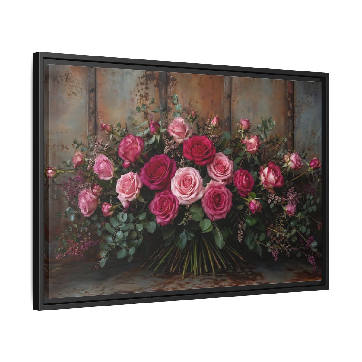 Side Mockup 14. Floral Roses Pink And Rust shown as stretched canvas wall art